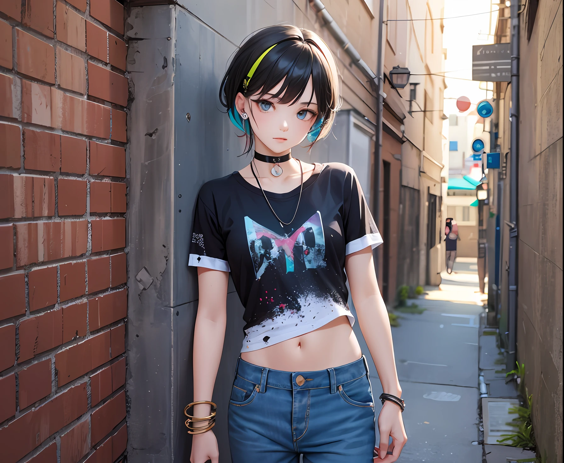 tmasterpiece, Best quality at best, 1boys, 独奏, T-shirt top, denim pant, choker necklace, (scribbles:1.5), paint splatter,Back alley, Behind the arm, against a wall, looking at viewert, armlets,Deep alley, Paint on the body, tilt of the head, Nudy, O cabelo multicolorido, Water-colored eyes, Earphone,