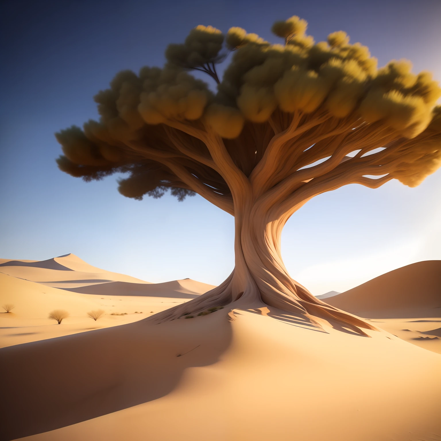 incredible tree in desert fotografia, Epic rendering, octanagem, atmosfera, particuls, soft volumetric lights, (backlit: 1.3), (kinematics: 1.3), detalhes intrincados, (ArtStation: 1.3)