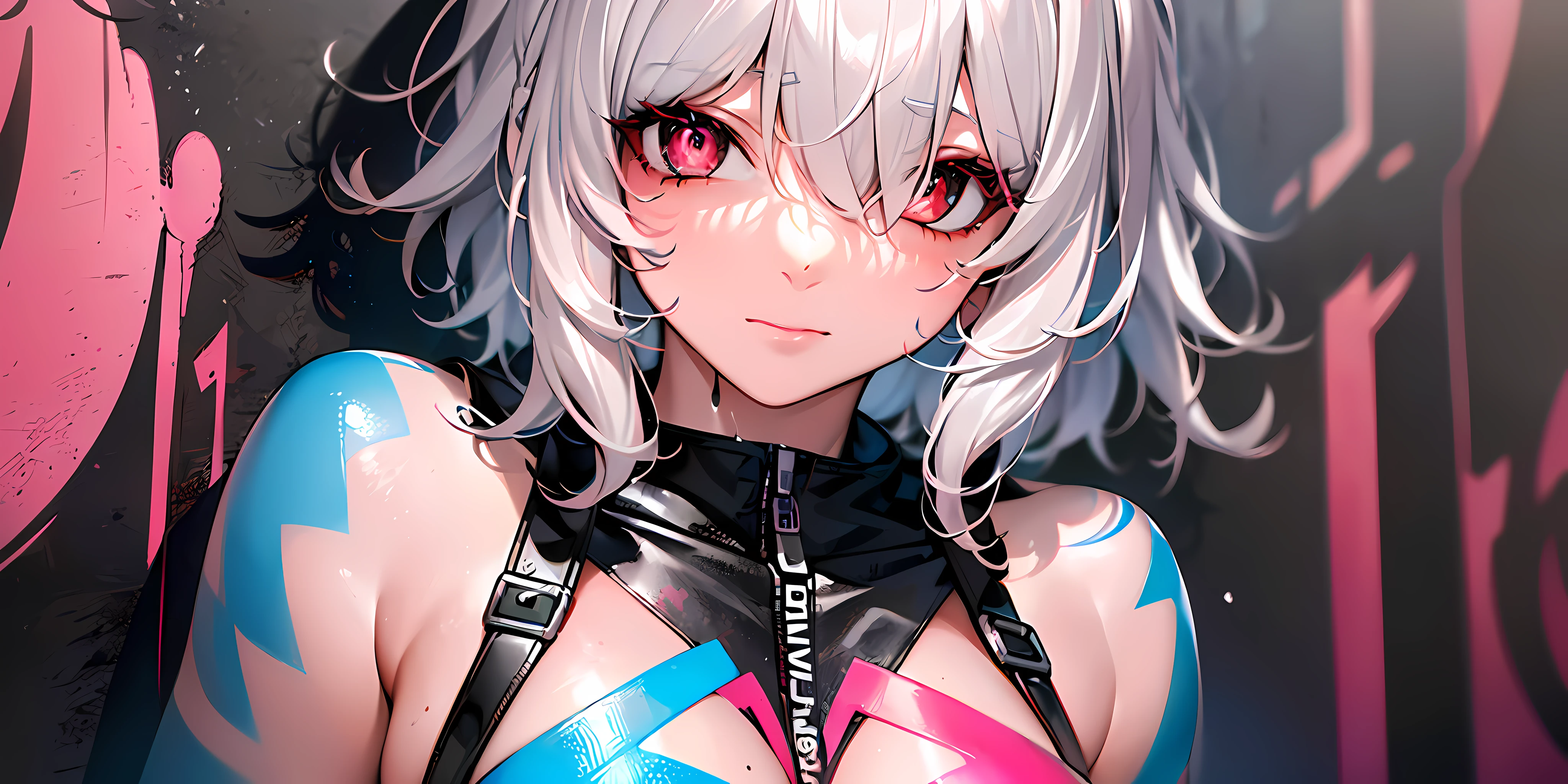 1girl, solo, (silver and pink alternate hair color:1.331), (short hair, cornrows, hair over one eye:1.2), {{;)}}, (red eyes, star-shaped pupils, glint:1.2), long eyelashes, (kubrick stare:1.15), mole under mouth, goggles on peaked cap, streetwear, medium breasts,(color splashing, street graffiti:1.41), (colorful:1.331), panorama,(The background is a wall painted with street graffiti:1.3),(wallwalking:1.4), ray tracing, cinematic lighting, anatomically correct, masterpiece, high details, high quality, highres