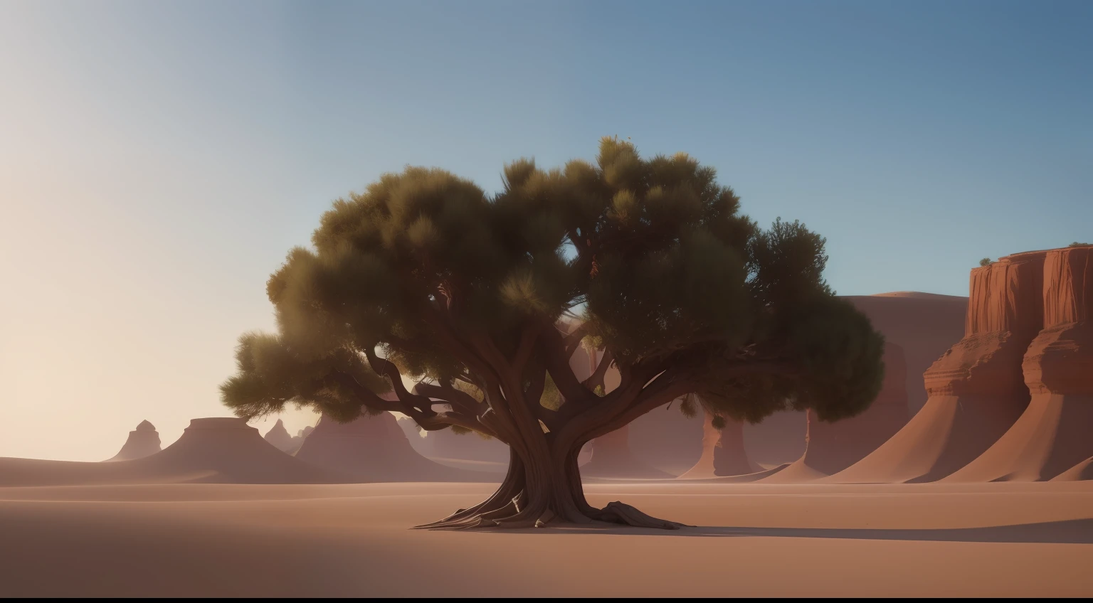 incredible tree in desert fotografia, Epic rendering, octanagem, atmosfera, particuls, soft volumetric lights, (backlit: 1.3), (kinematics: 1.3), detalhes intrincados, (ArtStation: 1.3)