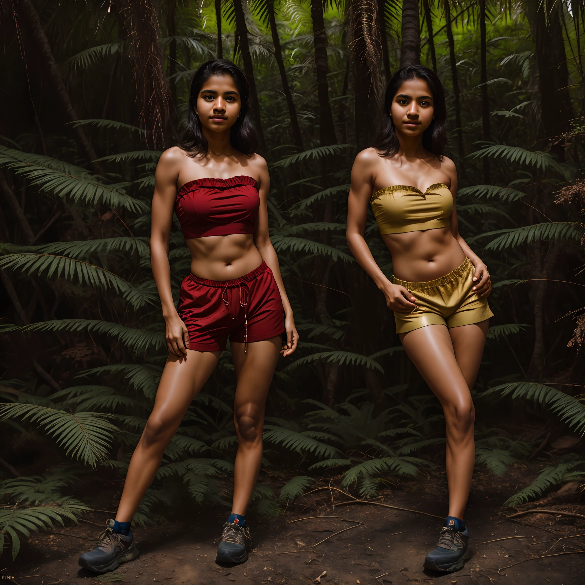 Indian 20 year old kerala woman hiker standing in a rainforest wearing strapless red top and trackpants, deep cleavage,8k uhd, digital SLR camera, soft light, high quality, film grain,high detail,UHD, masterpiece, accurate, anatomically correct, super detail, high quality, 16k, highres, award winning, ((full body shot)),soft light rays, realistic skin texture, extreme skin details, photorealistic, photograph, realistic, realism, photorealism, film grains, lifelike texture, dynamic composition, contrast lighting, sharp focus, raw focus, ((head to toe portrait)), frontlit