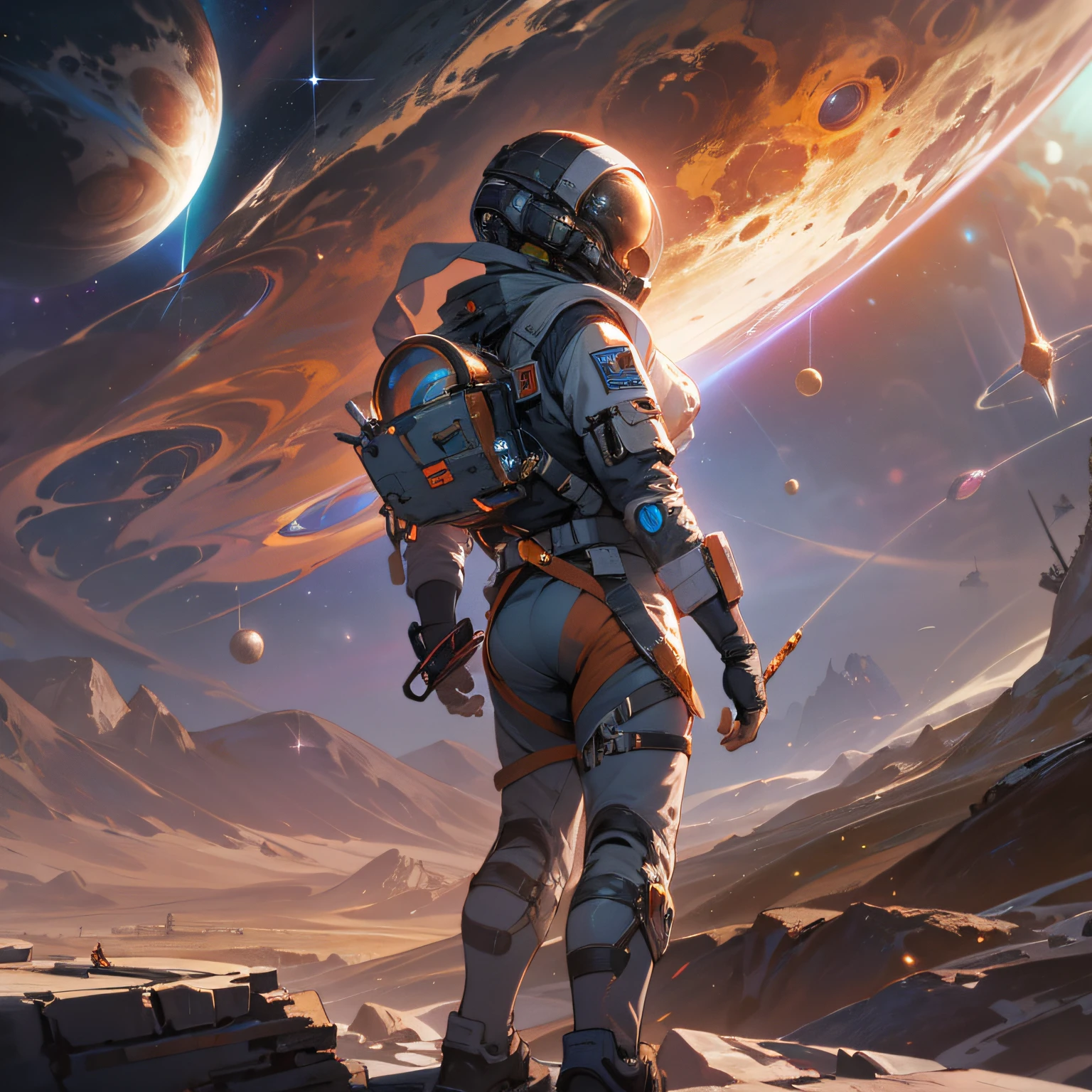 Venture into a distant future, where a realistic futuristic character emerges as a brave survivor, close to the gas giant Jupiter. Describe, in captivating detail, the cosmic setting in which the protagonist finds himself, with Jupiter dominating the horizon, its raging storms and its towering moons illuminating the landscape. Emphasize the loneliness of outer space, where resources are scarce and dangers are constant. Detail the advanced technologies the character uses to survive, such as smart spacesuits, navigation devices, and specialized weapon systems. Explore the challenges faced by the futuristic character, such as unpredictable cosmic events, hostile encounters with extraterrestrial creatures, and the relentless search for supplies and repairs amid space debris. At the same time, delve into this character's humanity, highlighting their motivations, fears, and hopes in a merciless universe. This is a narrative of survival, endurance and perseverance, where the protagonist's strength is put to the test at every stellar corner. Get ready to dive into a challenging universe where a realistic futuristic character fights against all odds near the majestic planet Jupiter. --auto --s2