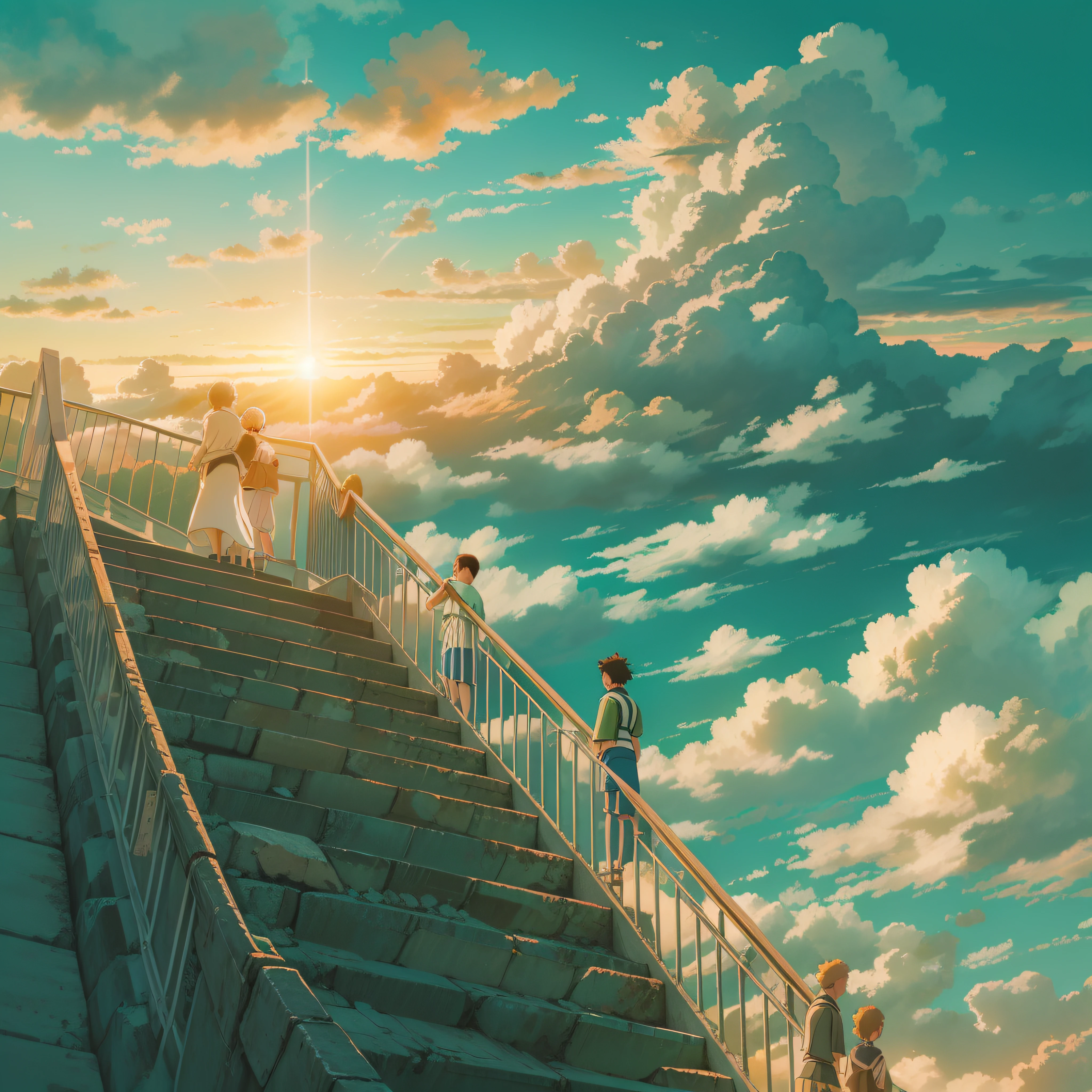 animesque、Skyscape with clouds、Sunset sky、Deities々Shikai、stairway、You can see the touch of the brush、no human figures、Studio Ghibli、Ghibli、Scenery、Style、The light is sparkling、sky line、low angles