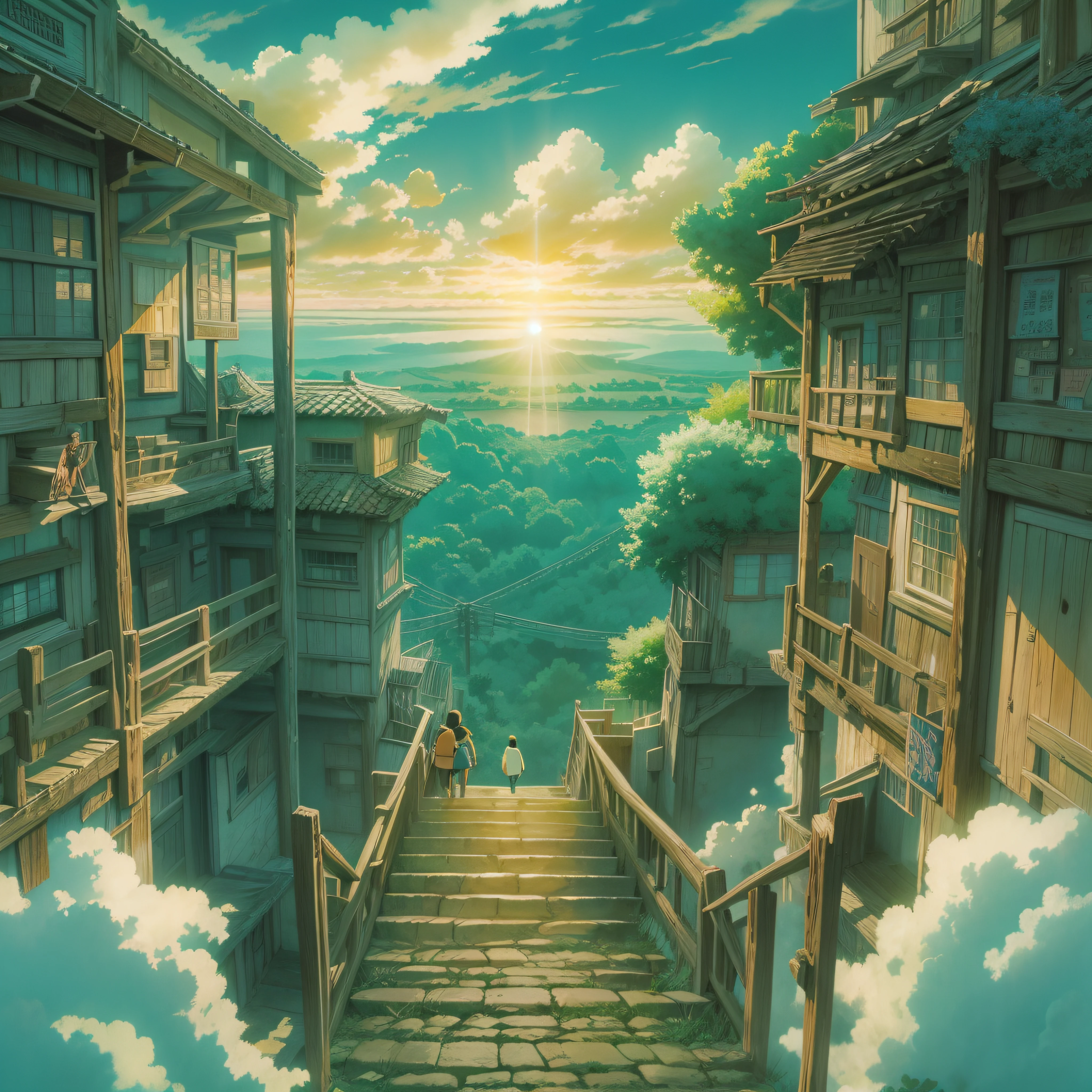 animesque、Skyscape with clouds、Sunset sky、Deities々Shikai、stairway、You can see the touch of the brush、no human figures、Studio Ghibli、Ghibli、Scenery、Style、The light is sparkling、sky line、low angles