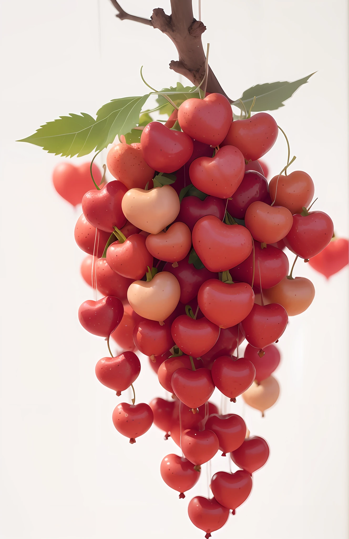 A string of hearts hangs on a branch, red hearts, render in blender, Many hearts, Like a bunch of grapes， C4D, rendered with blender, fairy fruit. rendering by octane, designed in blender, rendered in cinema 4 d, rendered in povray, Rendered in Cinema4D, Falling hearts, satisfying render, red peach