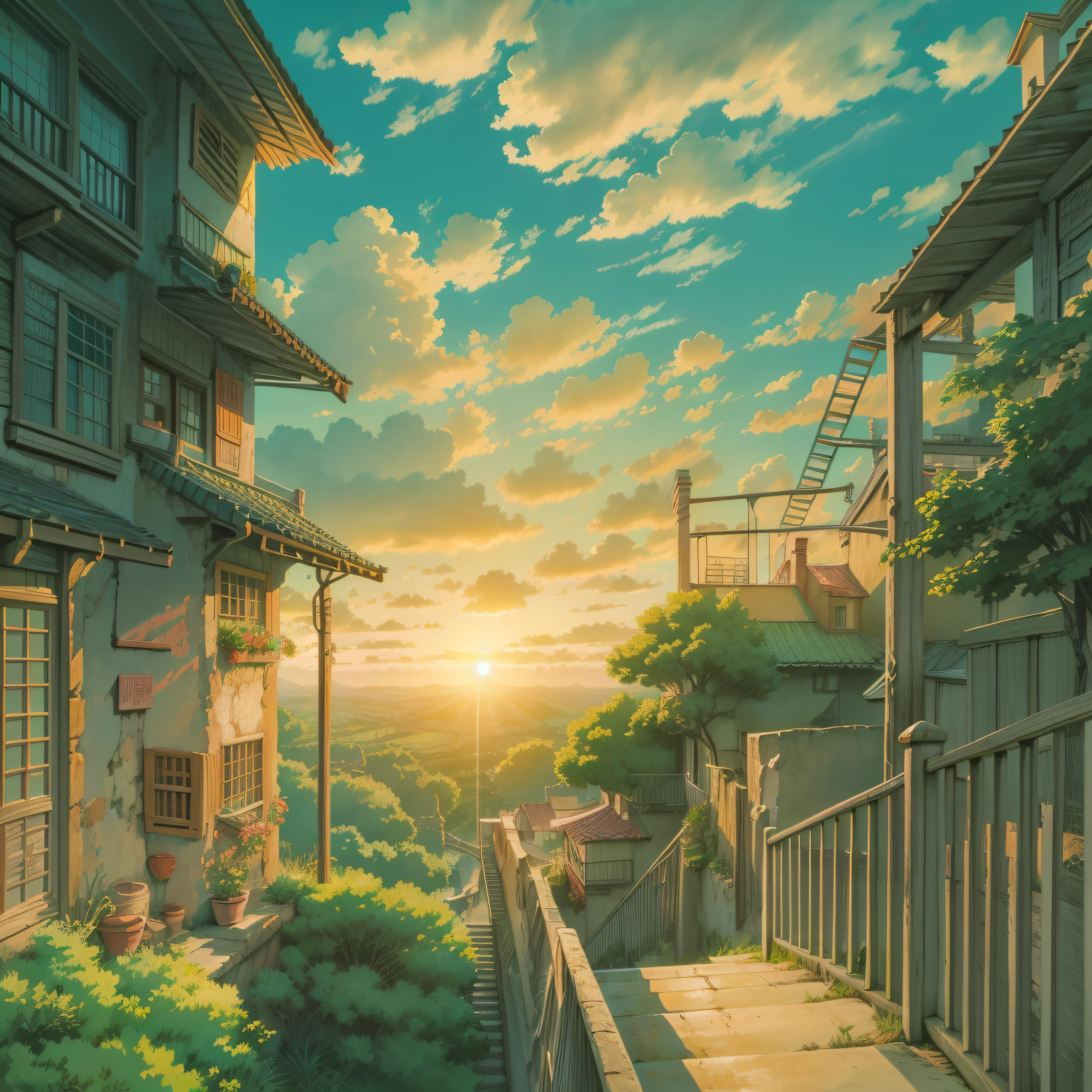 animesque、Skyscape with clouds、Sunset sky、Deities々Shikai、stairway、You can see the touch of the brush、no human figures、Studio Ghibli、Ghibli、Scenery、Style、The light is sparkling、sky line、low angles