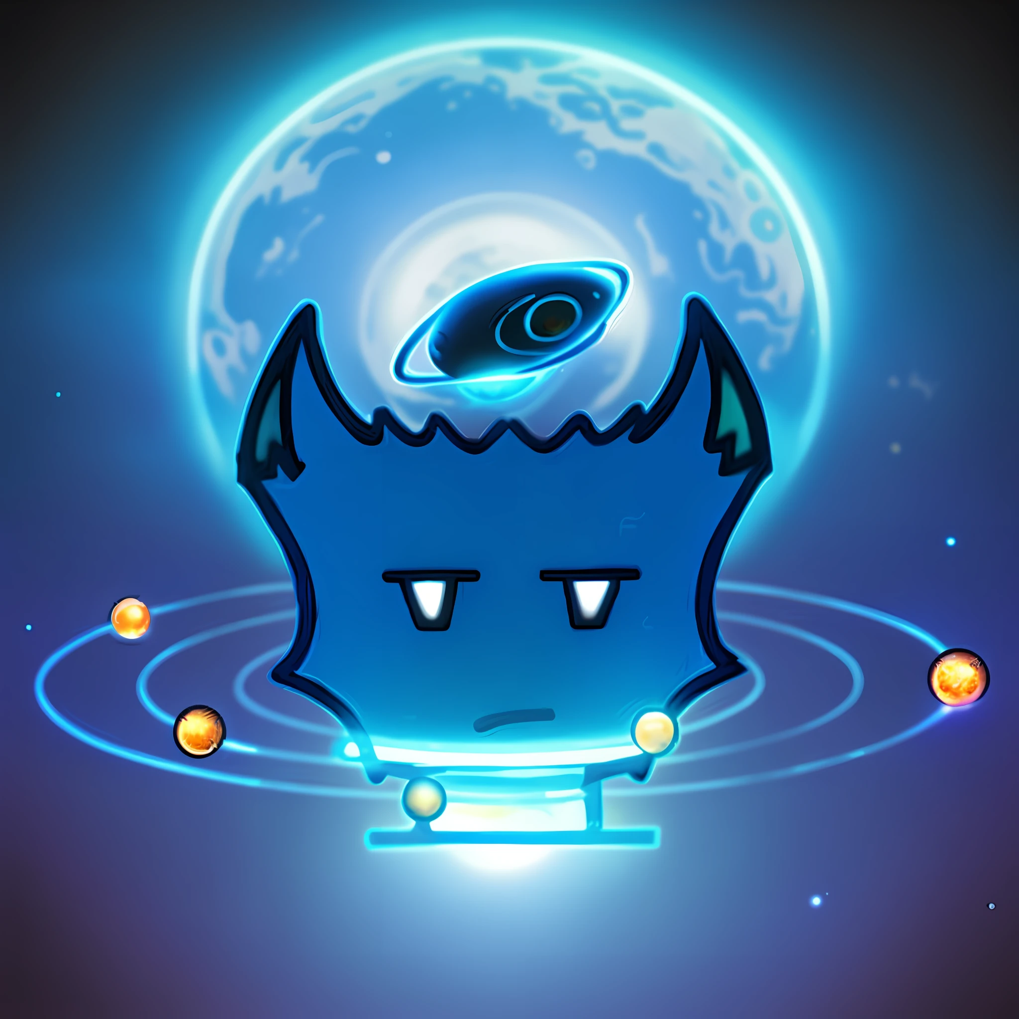 Cartoon alien cat with eyes and glowing halo before full moon, galactic deity, Mobile game art, Galactic entity, android mystic, alien god, mobile game style, game icon stylized, cosmic entity, space alien, inafune design, cute cyber gods, many terrible eyes in space, Glovin eyes, game icon asset