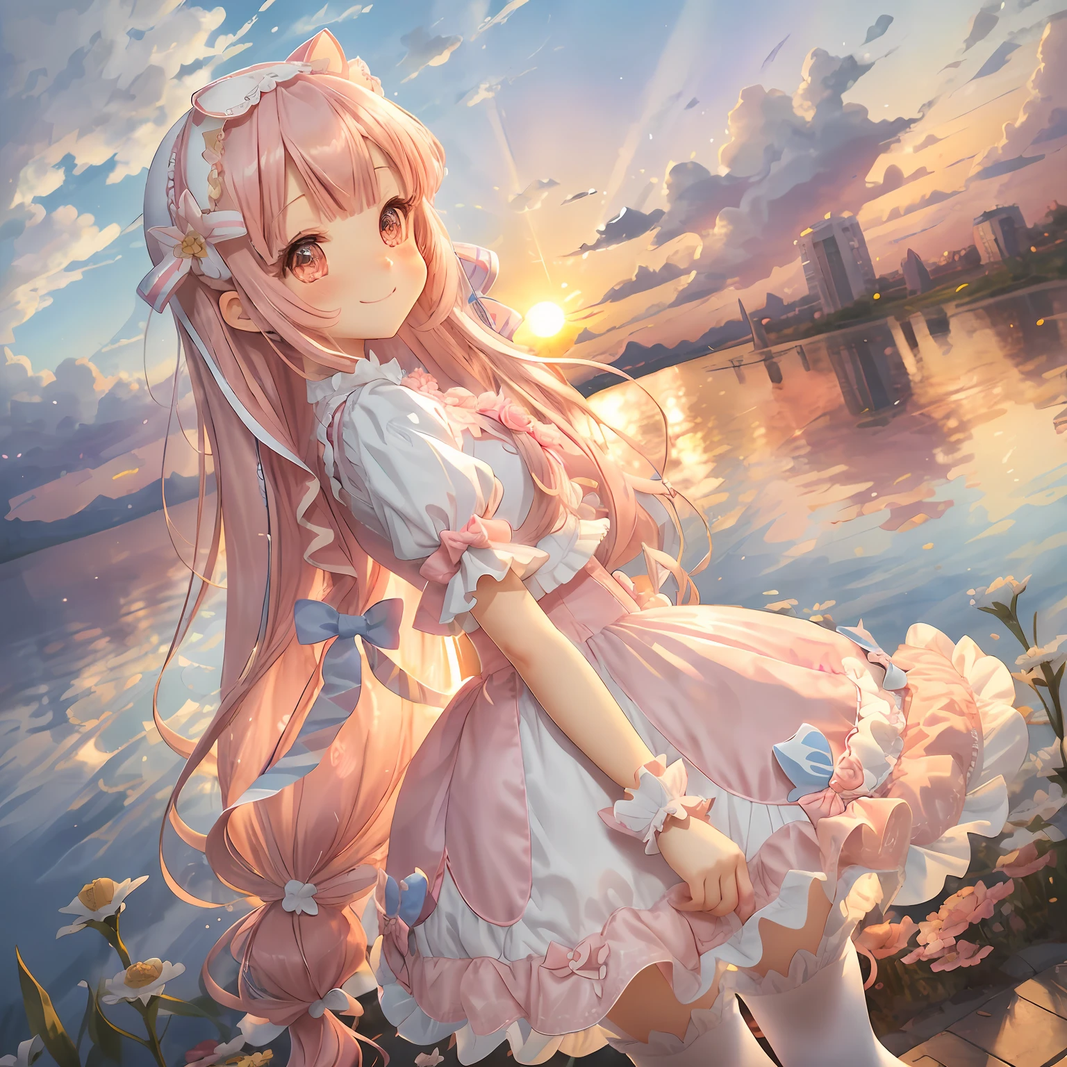 Full body like,1080p,quadratic element,Kizi,Cute loli,16 yaers old,Long pink hair,slanted bangs,Toothy smile,Issuing,Head flower,brooch,Blue and white Lolita costume,White tights,Put your hands behind your back,setting sun,Anime style --auto