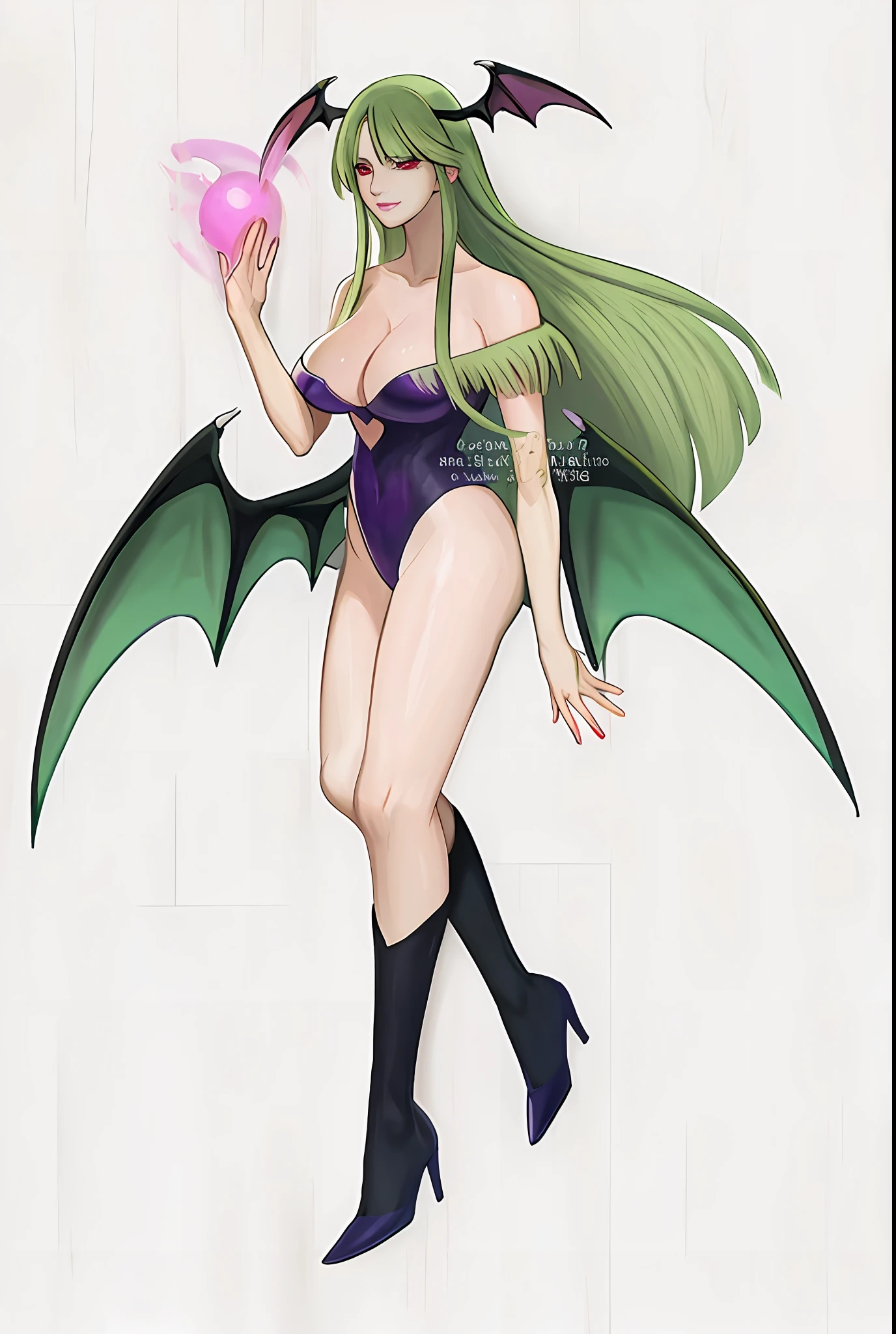 um desenho animado de uma mulher com cabelo verde e um vestido roxo segurando uma bola verde, Morrigan Aensland, Morrigan, Succubus em vestido curto apertado, Succubus bonito, succubus, succubus | medieval, Pose de corpo inteiro de feiticeira escura, Succubus no retrato do vestido de sol, monstro anime, Deusa Eldritch, menina demon, Lilith