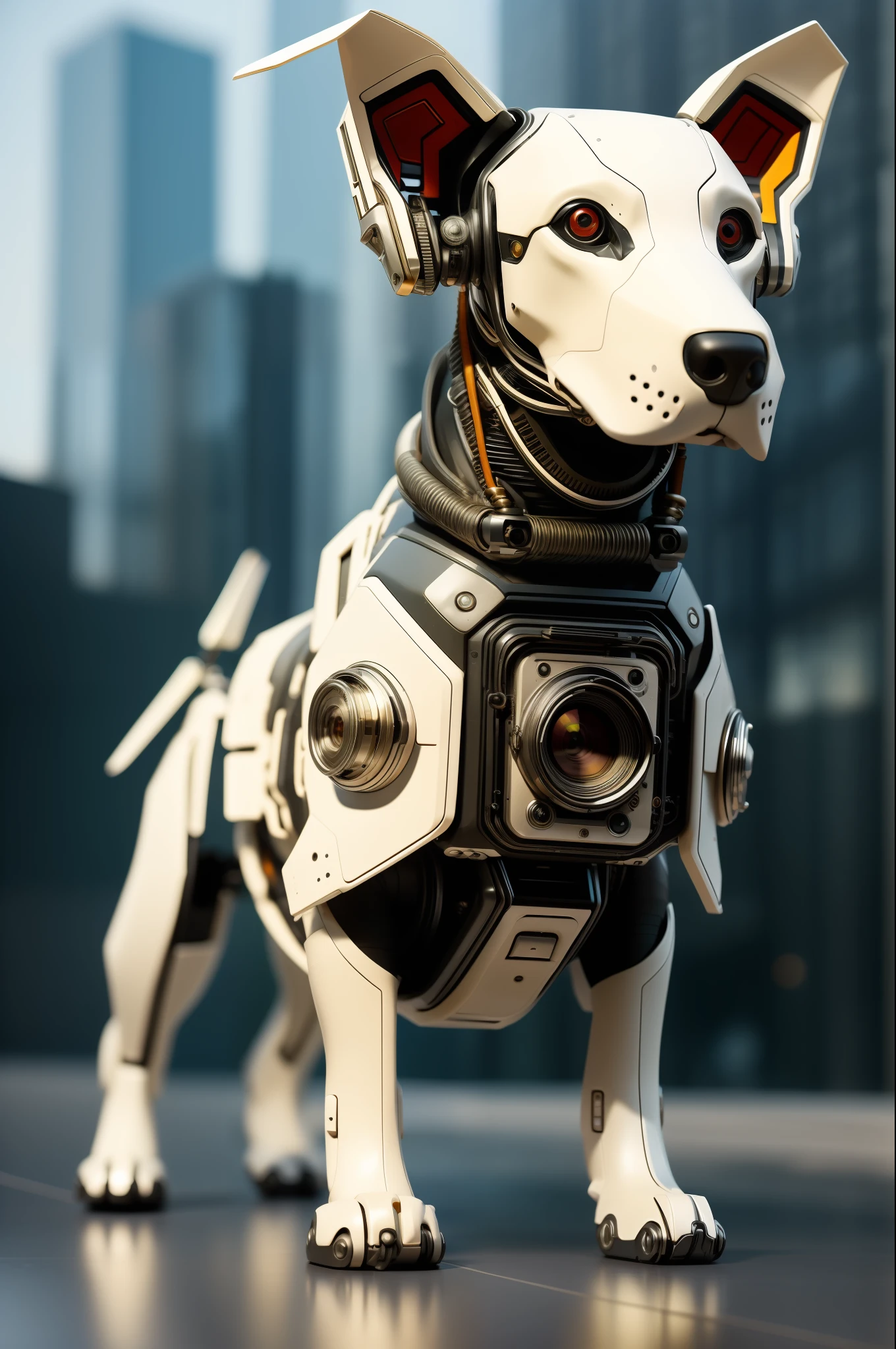 Paperai, Mechanical dog,Cyberpunk, fotografia, Impeccable [mamute| Cauda amarela], Building in the background, drooping, Vergonhoso, Arte nativa, luz refletida, filmic grain, Nikon D850 |, 50 millimeters, Albums,