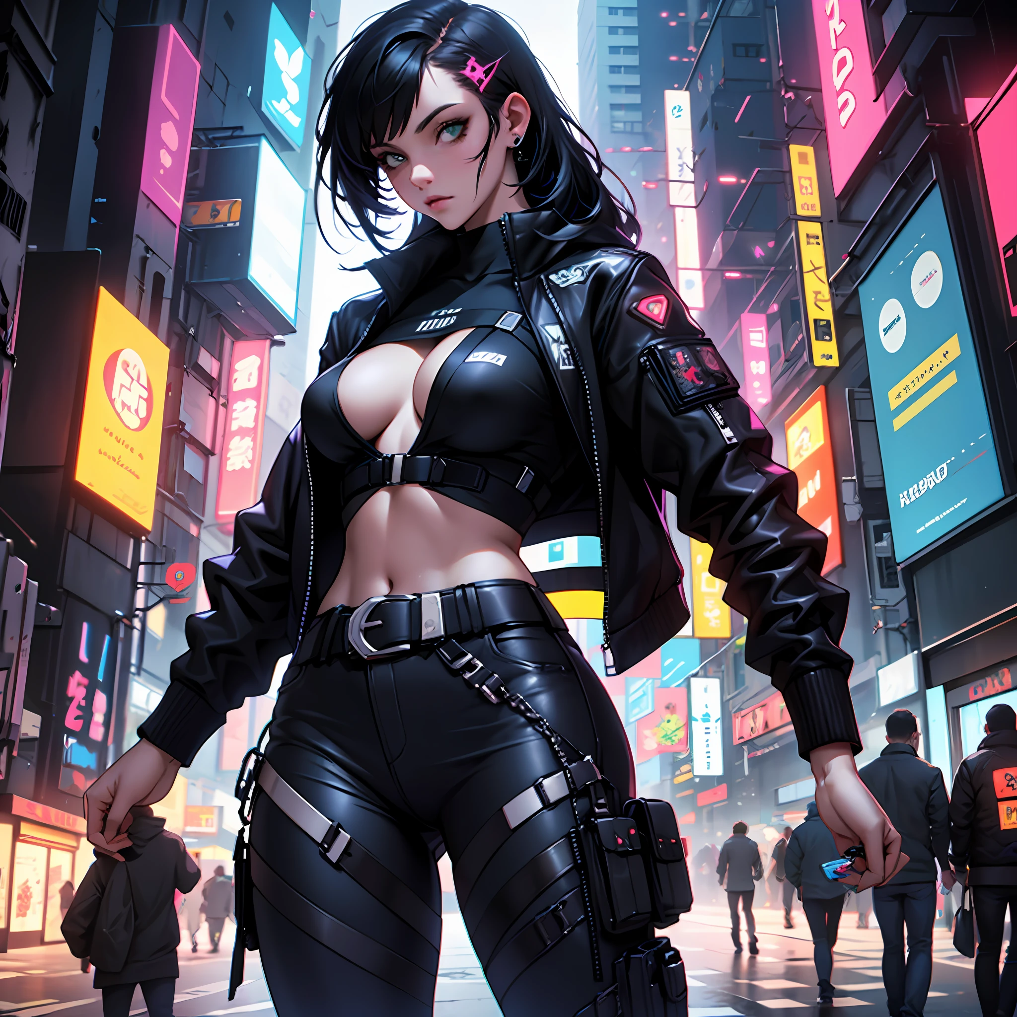 1girl|camisa branca|mostrando o umbigo|universo cyberpunk,cabelo cortado verde claro , Cyber right-hand man| cyber-eye, arm at the waist,pernas cyberpunk,sexy,middlebreasts, Cyberpunk Scenario --auto