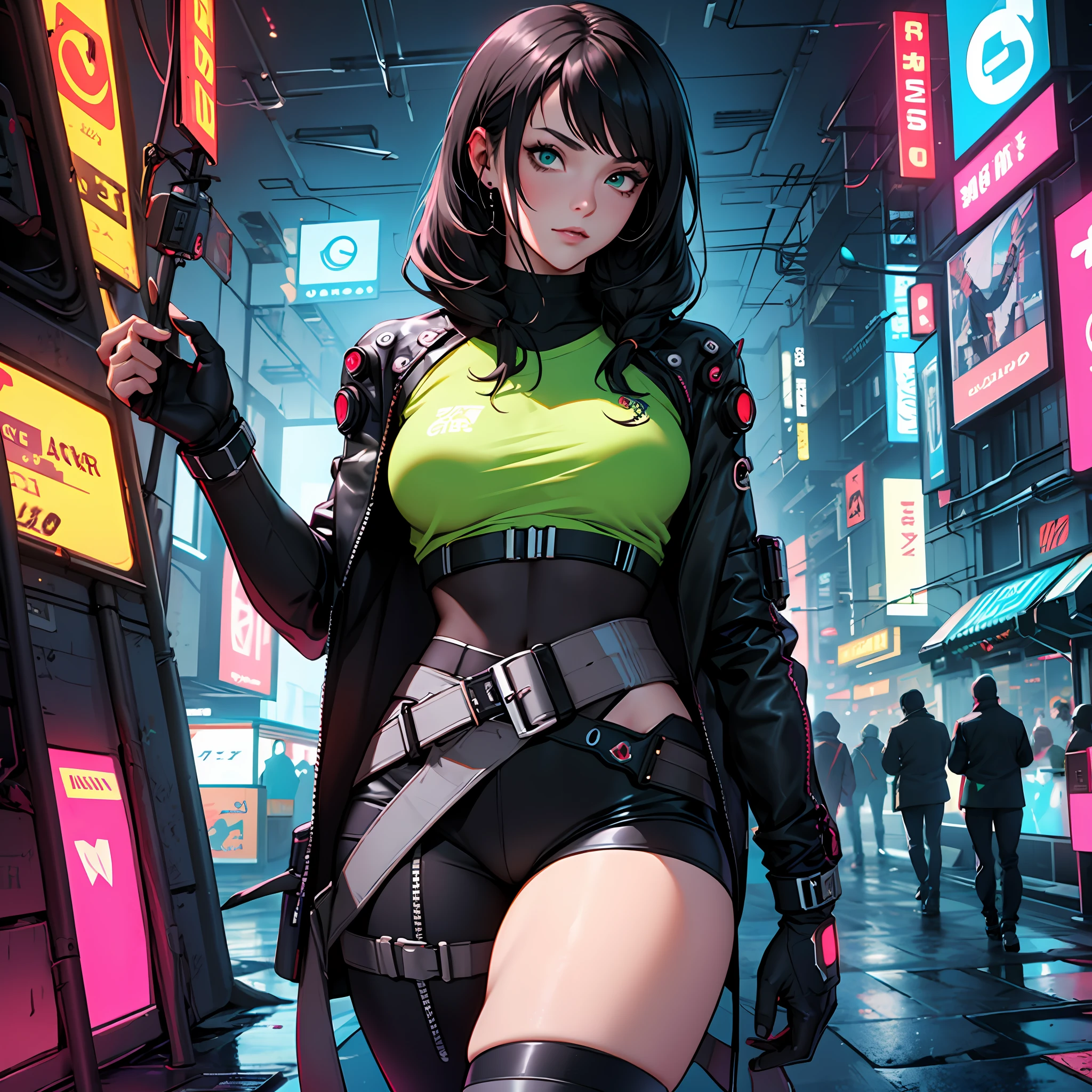 1girl|blusa verde claro |mostrando o umbigo|universo cyberpunk,cabelo cortado verde claro , cyber right arm| cyber-eye|verde claro|, arm at the waist,pernas cyberpunk,sexy,middlebreasts, Cyberpunk Scenario --auto