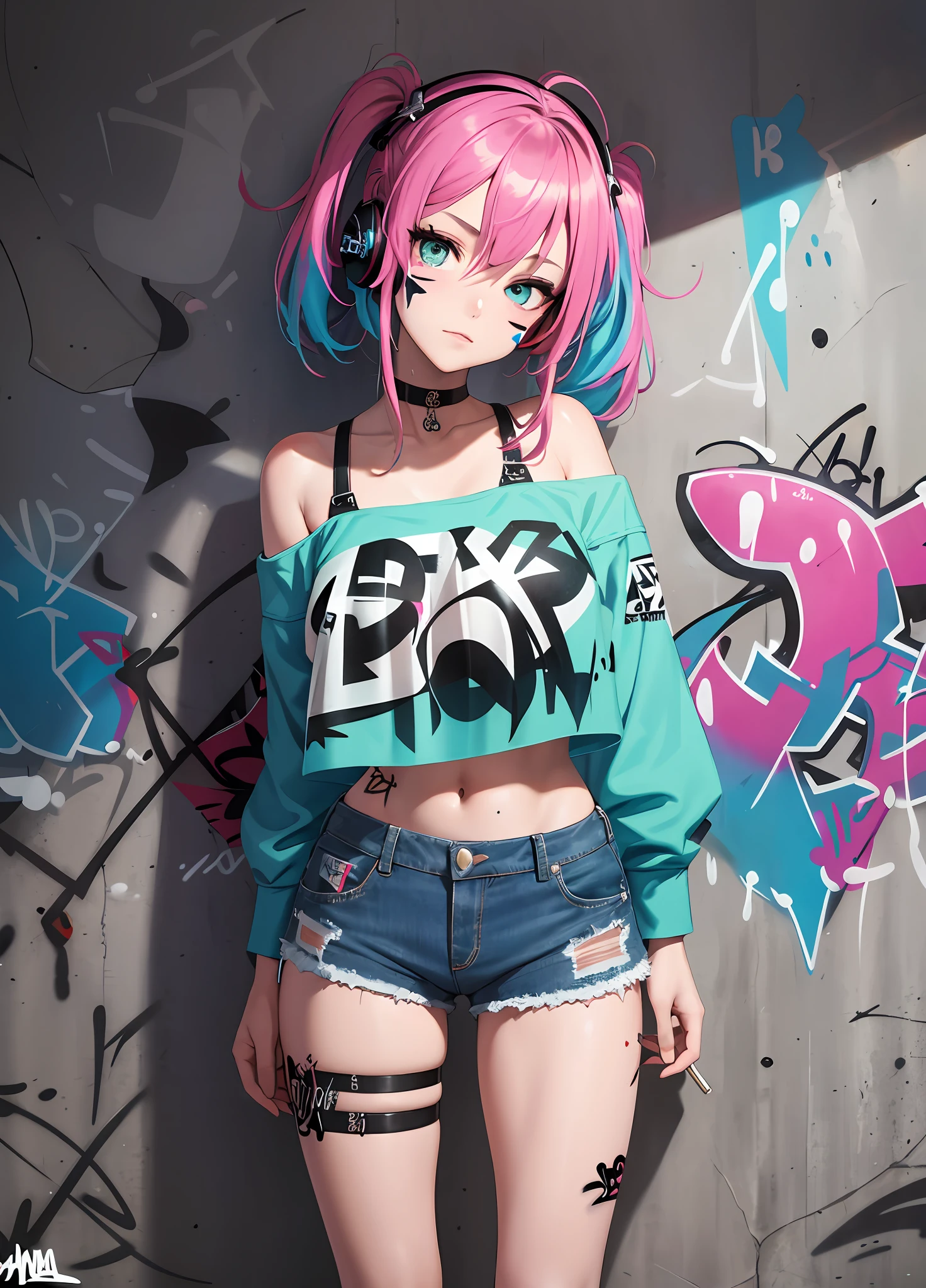 masterpiece, best quality, 1girl, solo, crop top, denim shorts, choker, (graffiti:1.5), paint splatter, arms behind back, against wall, looking at viewer, armband, thigh strap, paint on body, head tilt, bored, multicolored hair, aqua eyes, headset,