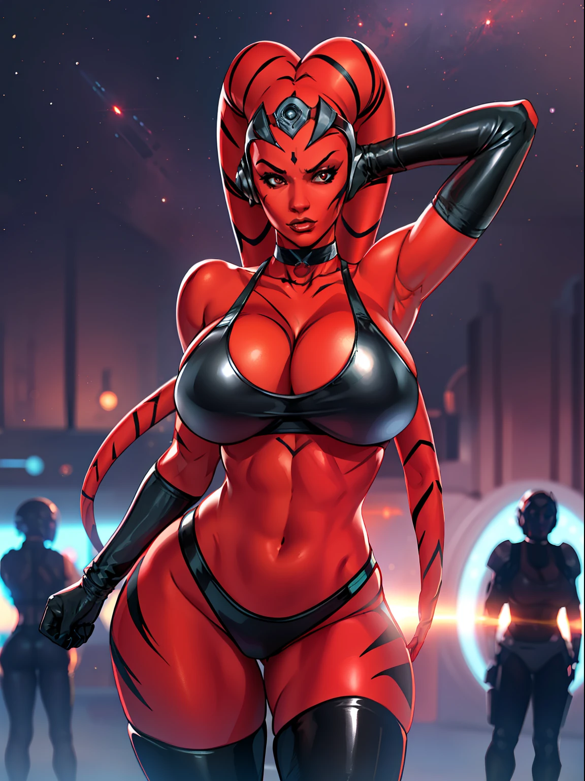 busty, ((red skin), twi'lek), stretching, evil space dancer, (black sports bra, choker, leggings, gloves), ((busty), slender body, thin, slim sexy body, slim waist, ((((gigantic breasts))))), Imperial starship, Star Wars,