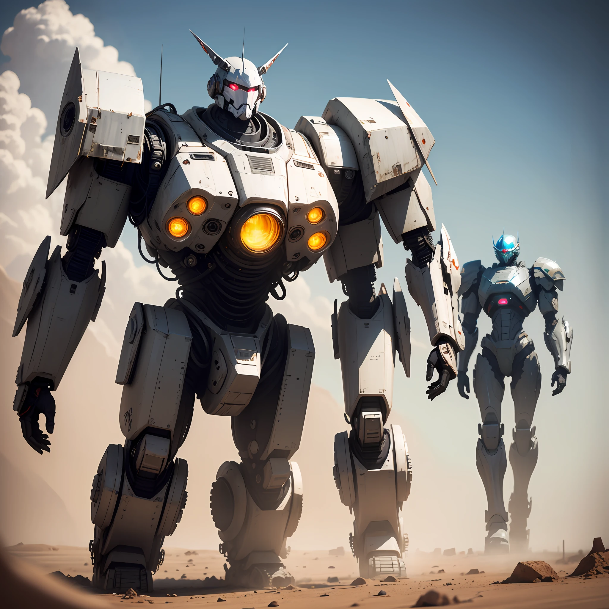 heavily armored,cyber punk perssonage,Steel machinery,White mech,Standing in the desert,giant mecha,well-illuminated,8K,Full of oppression --auto