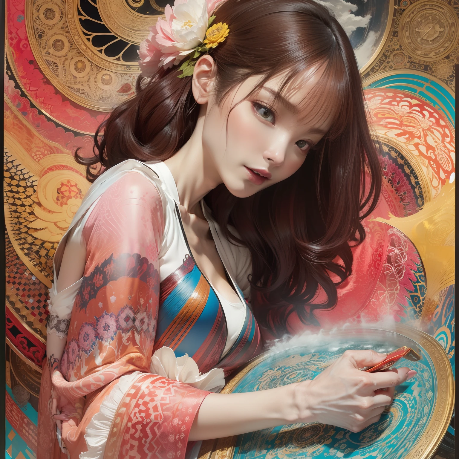 official art, unity 8k wallpaper, ultra detailed, beautiful and aesthetic, masterpiece, best quality, (zentangle, mandala, tangle, entangle), (fractal art:1.3) , 1girl, extremely detailed, dynamic angle, cowboyshot, the most beautiful form of chaos, elegant, a brutalist designed, vivid colours, romanticism, by james jean, roby dwi antono, ross tran, francis bacon, michal mraz, adrian ghenie, petra cortright, gerhard richter, takato yamamoto, ashley wood, atmospheric, of musical notes, streaming musical notes visible