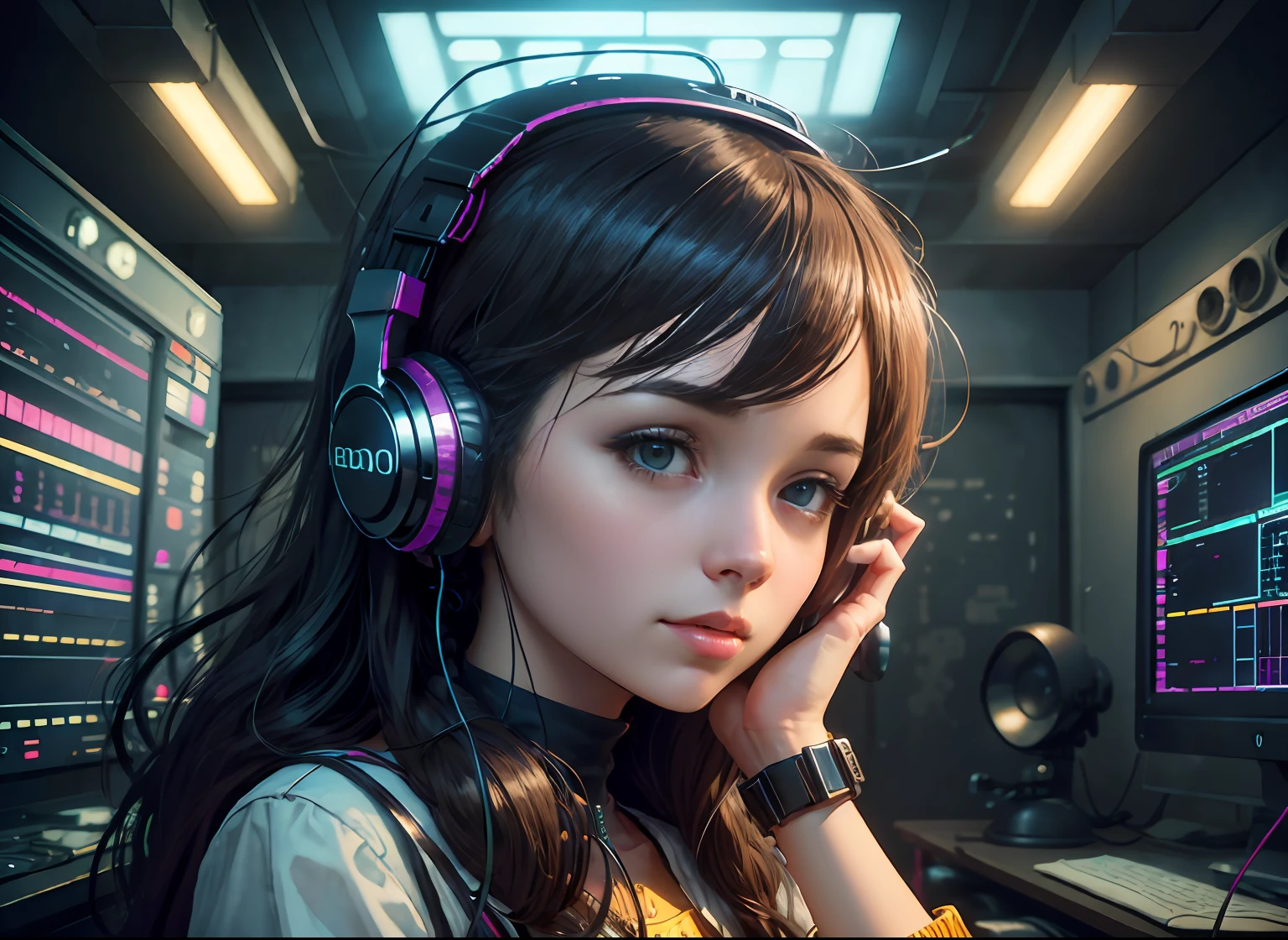 studio girl headphones hacker computer warm color soft light, Art Deco, high detail, Social realism, interior architecture, anime, chiaroscuro, cinematic lighting, UHD, masterpiece, ccurate, anatomically correct, textured skin, super detail, high details, high quality, best quality, highres