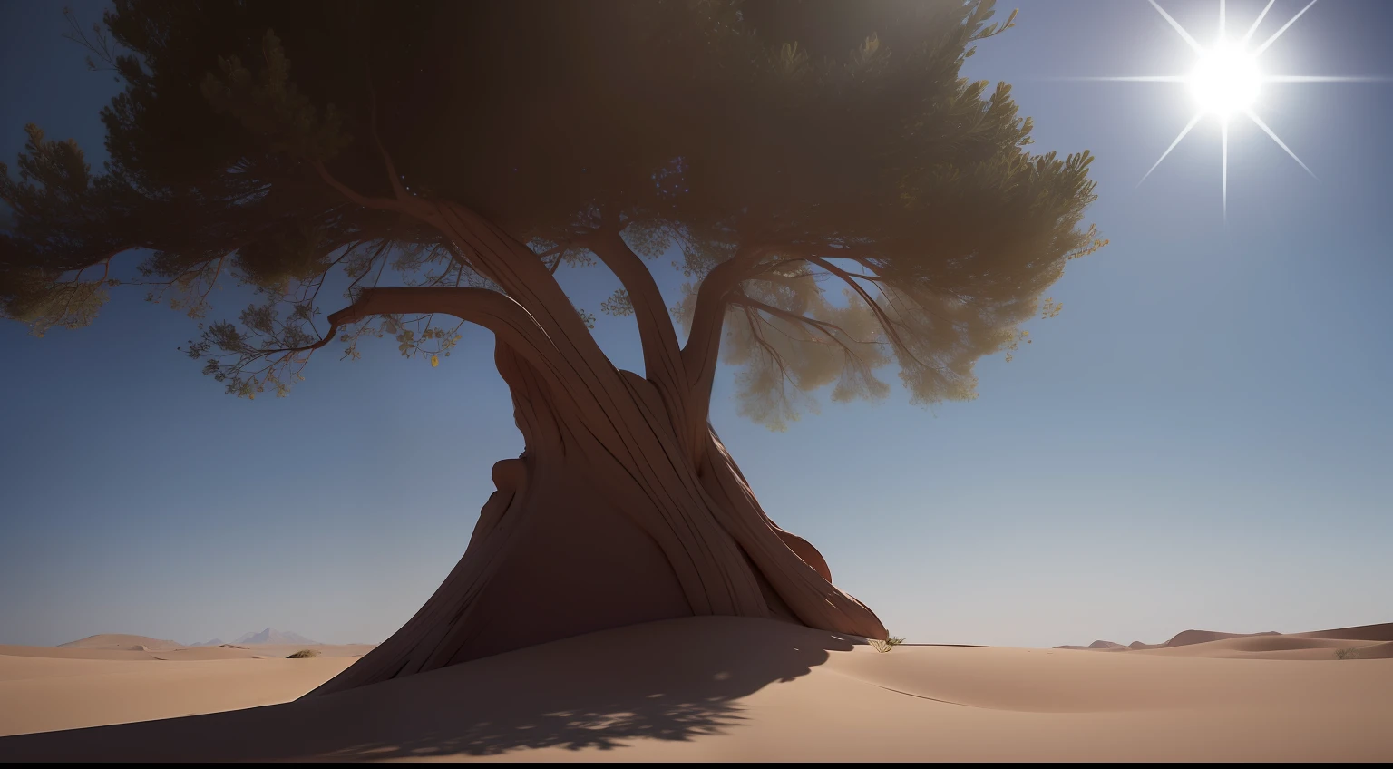 incredible tree in desert fotografia, Epic rendering, octanagem, atmosfera, particuls, soft volumetric lights, (backlit: 1.3), (kinematics: 1.3), detalhes intrincados, (ArtStation: 1.3)