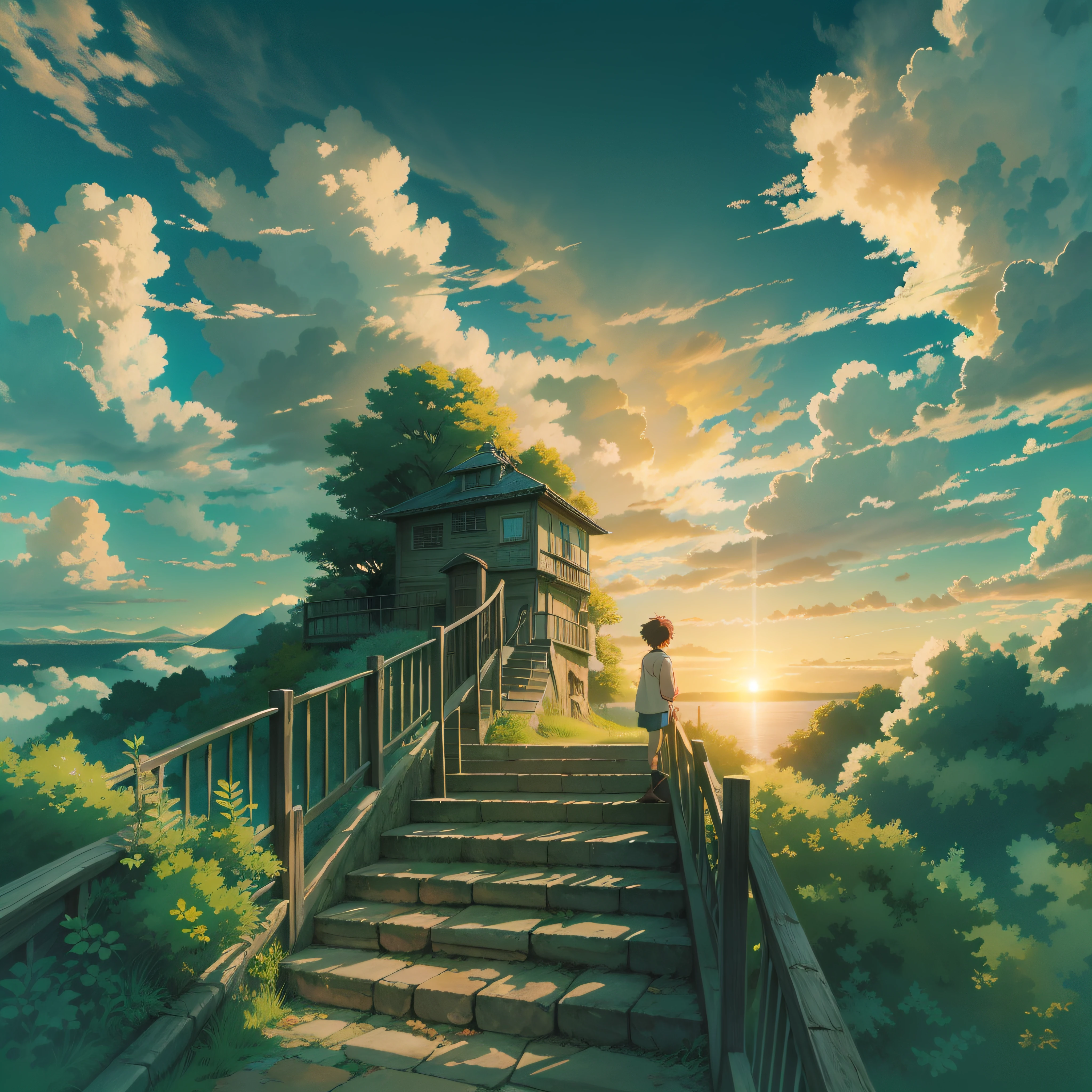 animesque、Skyscape with clouds、Sunset sky、Deities々Shikai、stairway、You can see the touch of the brush、no human figures、Studio Ghibli、Ghibli、Scenery、Style、The light is sparkling、sky line、low angles