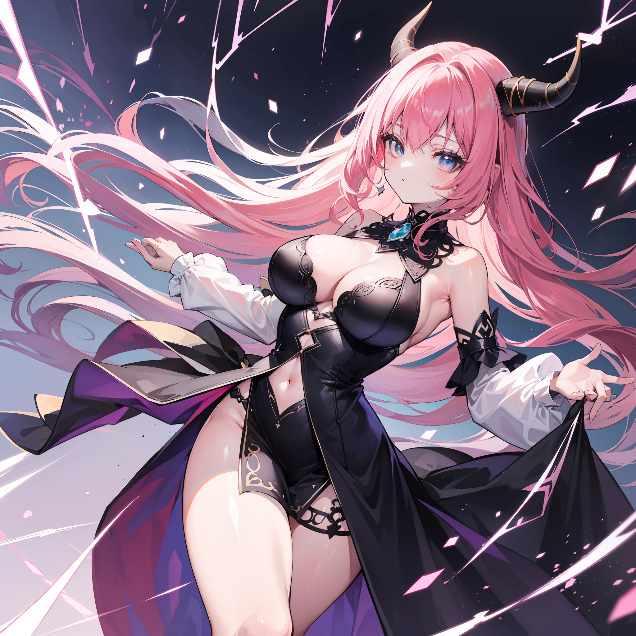 Young woman with pink hair and black horns wearing lightning magic with lightning and thunder behind her in a long wet black ball dress, Ela tem um corpo volumoso e os seios, breasts and bust are huge, ela tem um rosto macio maduro lindo e perfeito, orelhas de raposa e rabo de raposa rosa(ultra-detalhado), obra-prima, melhor qualidade,(((1 menina))), (belo rosto detalhado),(belos olhos detalhados),(Seios enormes), quadris largos, coxas grossas, ((matural female))