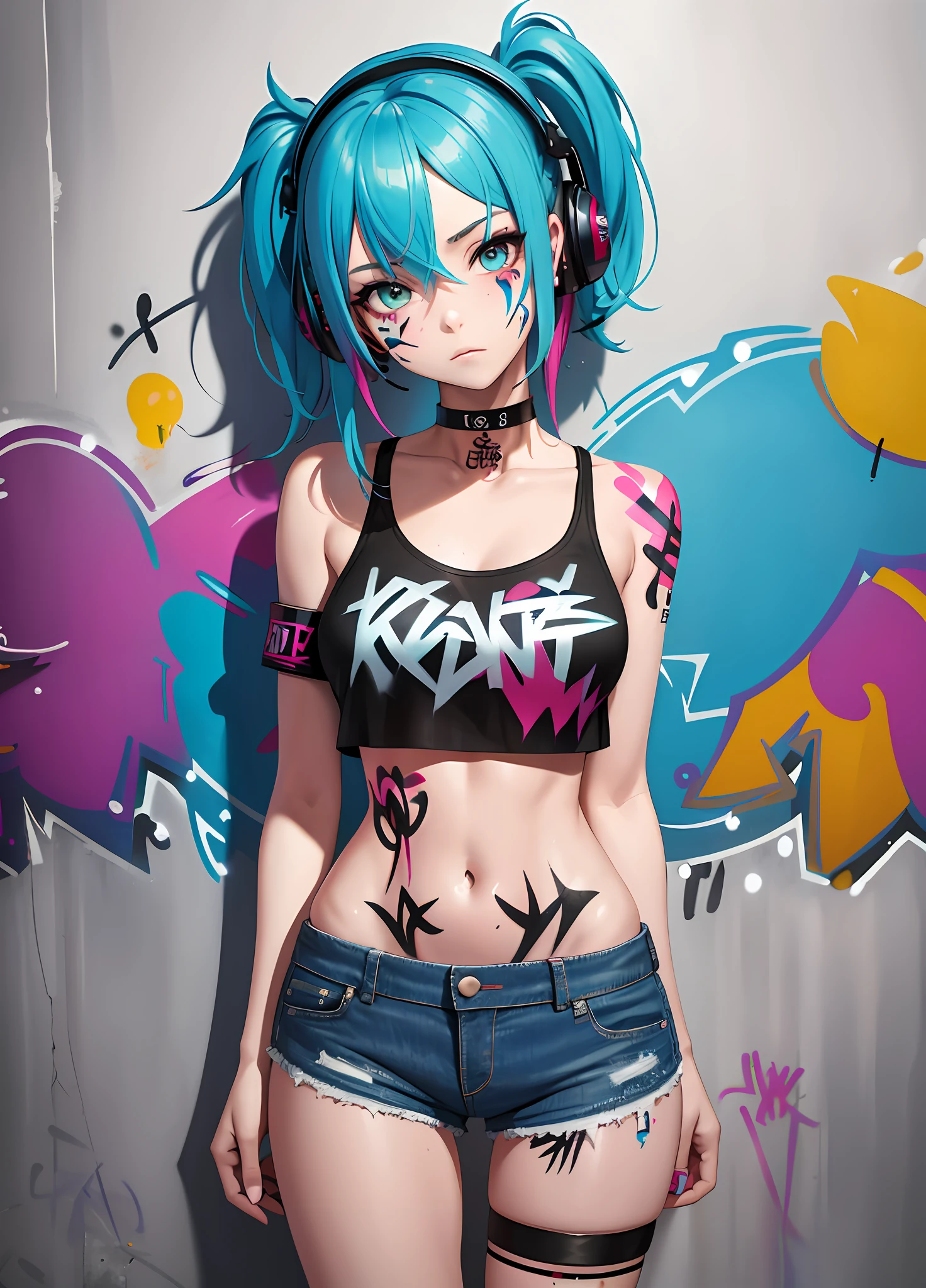 masterpiece, best quality, 1girl, solo, crop top, denim shorts, choker, (graffiti:1.5), paint splatter, arms behind back, against wall, looking at viewer, armband, thigh strap, paint on body, head tilt, bored, multicolored hair, aqua eyes, headset,