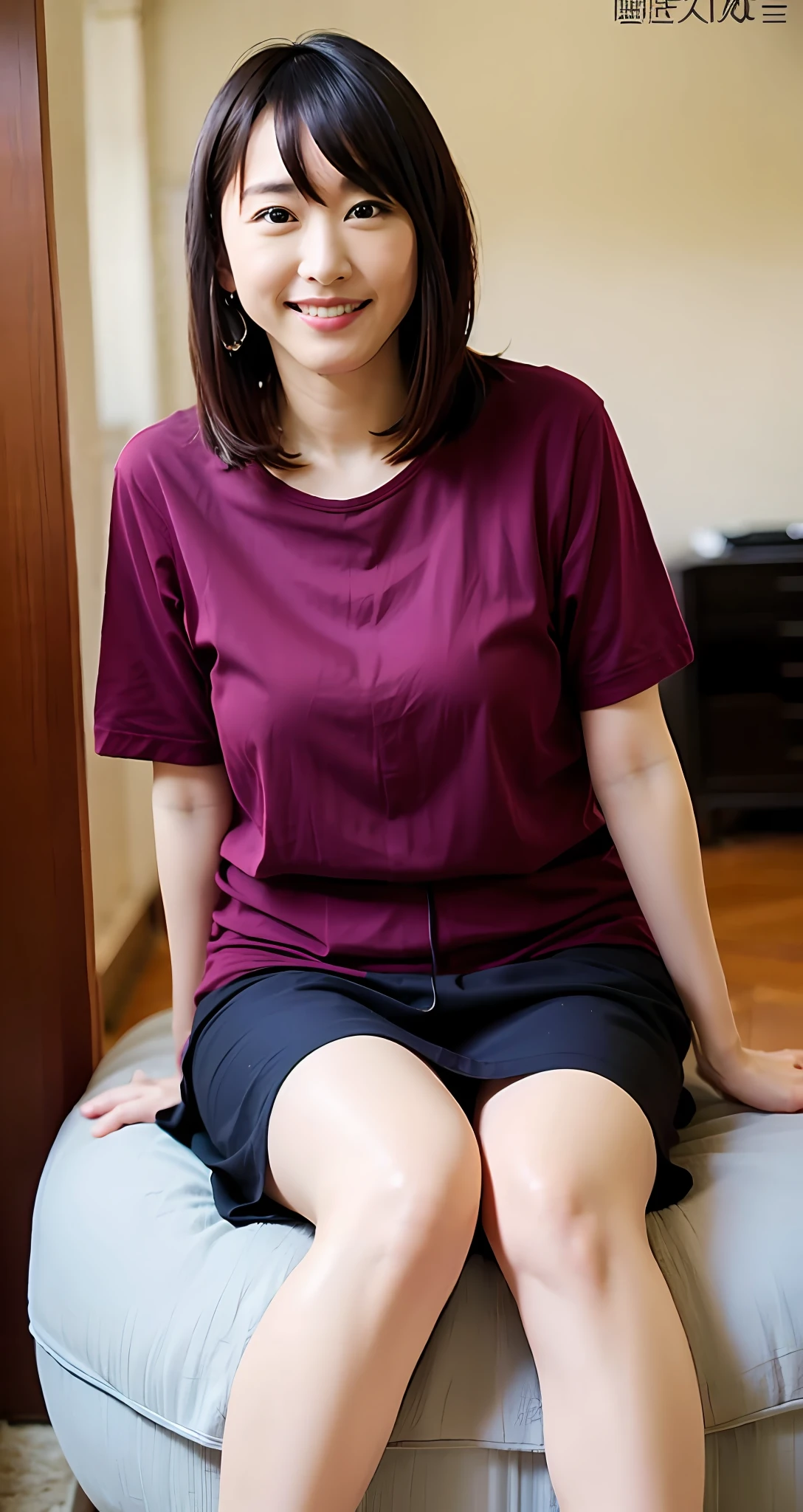 best qualtiy, tmasterpiece, 超高分辨率, (realisticlying:1.4), RAW photogr, 1girll, beautiful japanese woman,35yo,Femme and moving, Beautiful skins, brunette color hair:1.7, Gacky, (short detailed hair:1.5)), 30 age old, gentle grin:1.2, Housewear ,black lence stockings,gigantic cleavage breasts,Sit Pose,toyko