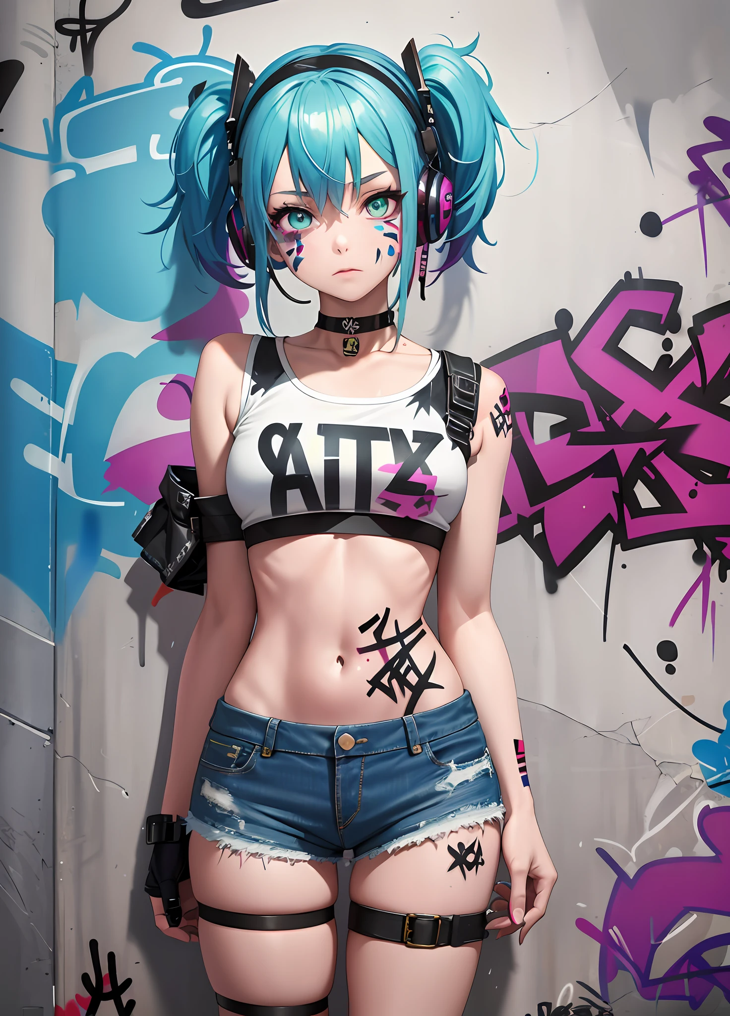 masterpiece, best quality, 1girl, solo, crop top, denim shorts, choker, (graffiti:1.5), paint splatter, arms behind back, against wall, looking at viewer, armband, thigh strap, paint on body, head tilt, bored, multicolored hair, aqua eyes, headset,