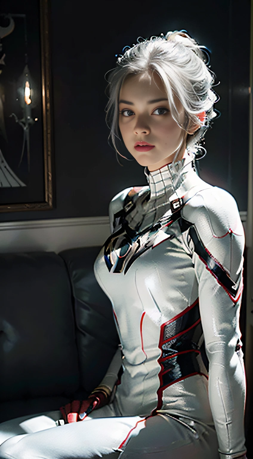 (Extreme Detail CG Unity 8K wallpaper, masterpiece, highest quality), (Exquisite lighting and shadow, highly dramatic picture, Cinematic lens effect), a girl in a white Spider-Man costume, silver gray hair color, from the Spider-Man parallel universe, Wenger, Marvel, Spider-Man, sitting on the couch, dynamic pose), (excellent detail, excellent lighting, wide angle), (excellent rendering, enough to stand out in its class), focus on white Spider-Man costumes, complex spider textures