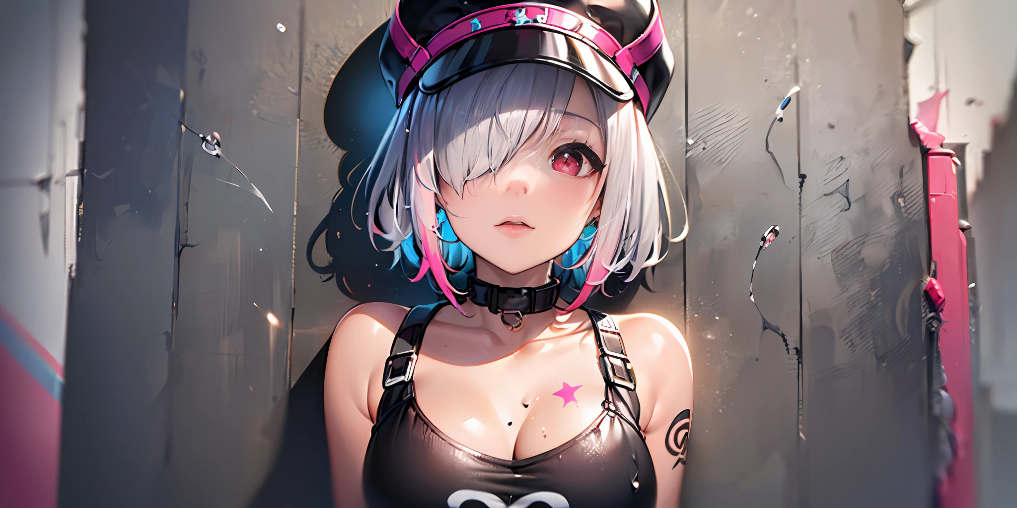 1girl, solo, (silver and pink alternate hair color:1.331), (short hair, cornrows, hair over one eye:1.2), {{;）}}, (red eyes, star-shaped pupils, glint:1.2), long eyelashes, (kubrick stare:1.15), mole under mouth, goggles on peaked cap, streetwear, medium breasts，(color splashing, street graffiti:1.41), (colorful:1.331), panorama，(The background is a wall painted with street graffiti:1.3),（wallwalking：1.4）, ray tracing, cinematic lighting, anatomically correct, masterpiece, high details, high quality, highres