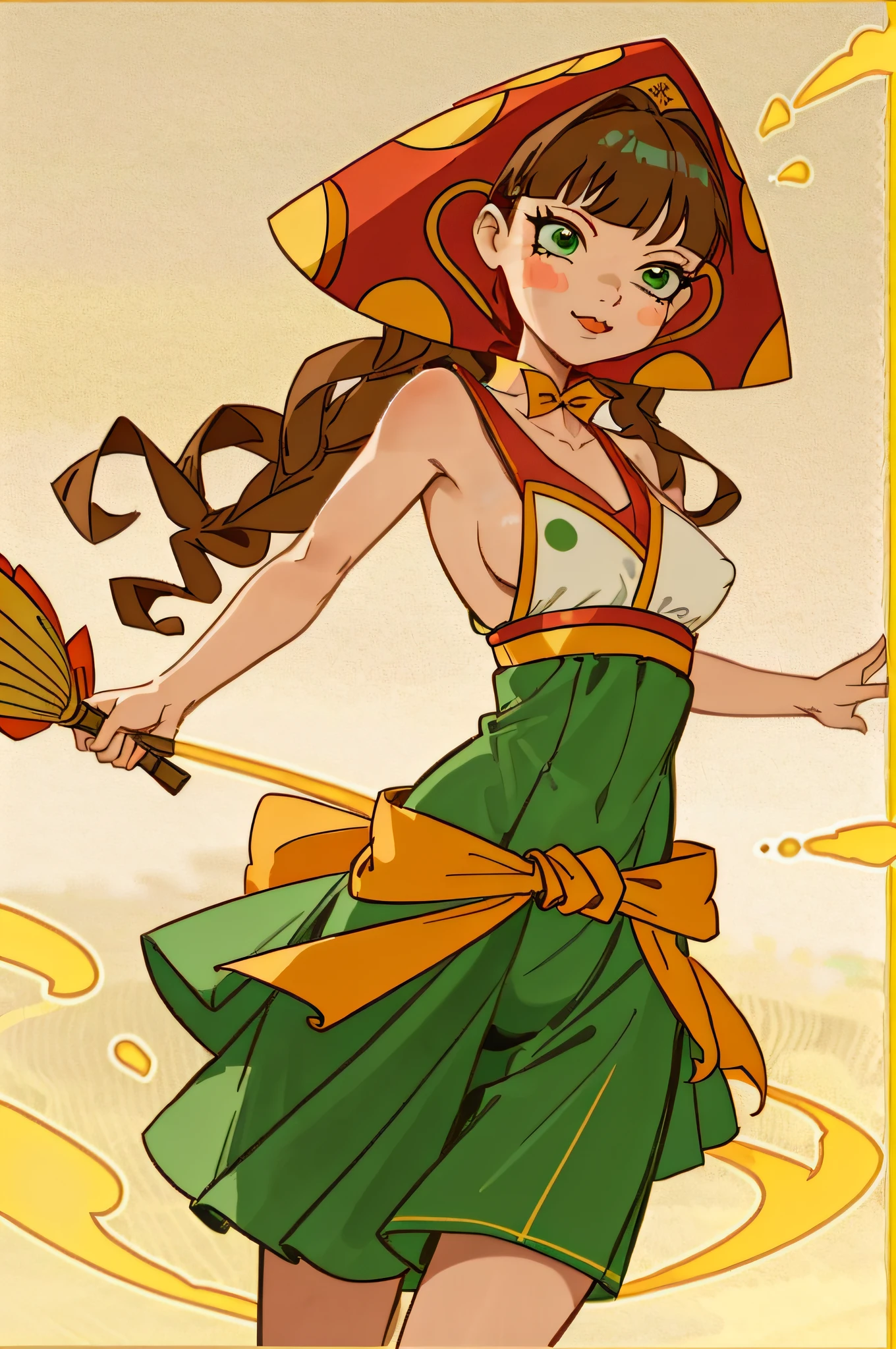 (tmasterpiece, beste-Qualit, 1girl:1.2, 独奏:1.3), Lyubava, hairlong, green colored eyes, brown-hair, braid, ((A red hat with yellow circles)), headdress, blush stickers, freckles, wrapped in a white towel, Droplets of sweat, sauna, stocklings, décolleté, Flirtation, humble, ssmile, Sun light, big breastes, big thighs, thights, TITTIES, bulge through the dress, action pose, black stockings