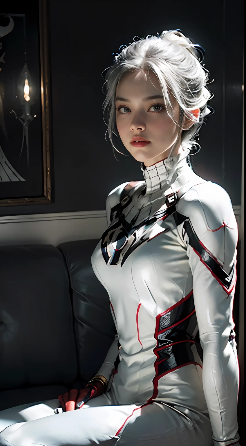 (Extreme Detail CG Unity 8K wallpaper, masterpiece, highest quality), (Exquisite lighting and shadow, highly dramatic picture, Cinematic lens effect), a girl in a white Spider-Man costume, silver gray hair color, from the Spider-Man parallel universe, Wenger, Marvel, Spider-Man, sitting on the couch, dynamic pose), (excellent detail, excellent lighting, wide angle), (excellent rendering, enough to stand out in its class), focus on white Spider-Man costumes, complex spider textures