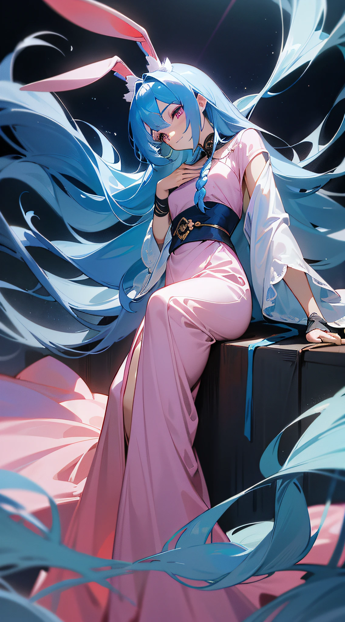 It was a woman in a long pink dress，A pair of rabbit ears，Long hair combed into long scorpion braids，Hang down gently, You can see her delicate and slender white neck，Long skirt with a nipped-in waist，Perfectly outlined her charming figure。She had a faint smile on her beautiful face and her long blue hair，The gorgeous blue robe seems to have ripples of water，If you look closely，The eyes will be immediately attracted to the dark blue，Even the whole soul will be sucked into the depths of the sea、In the endless blue。 The arm of a man who looks about twenty years old