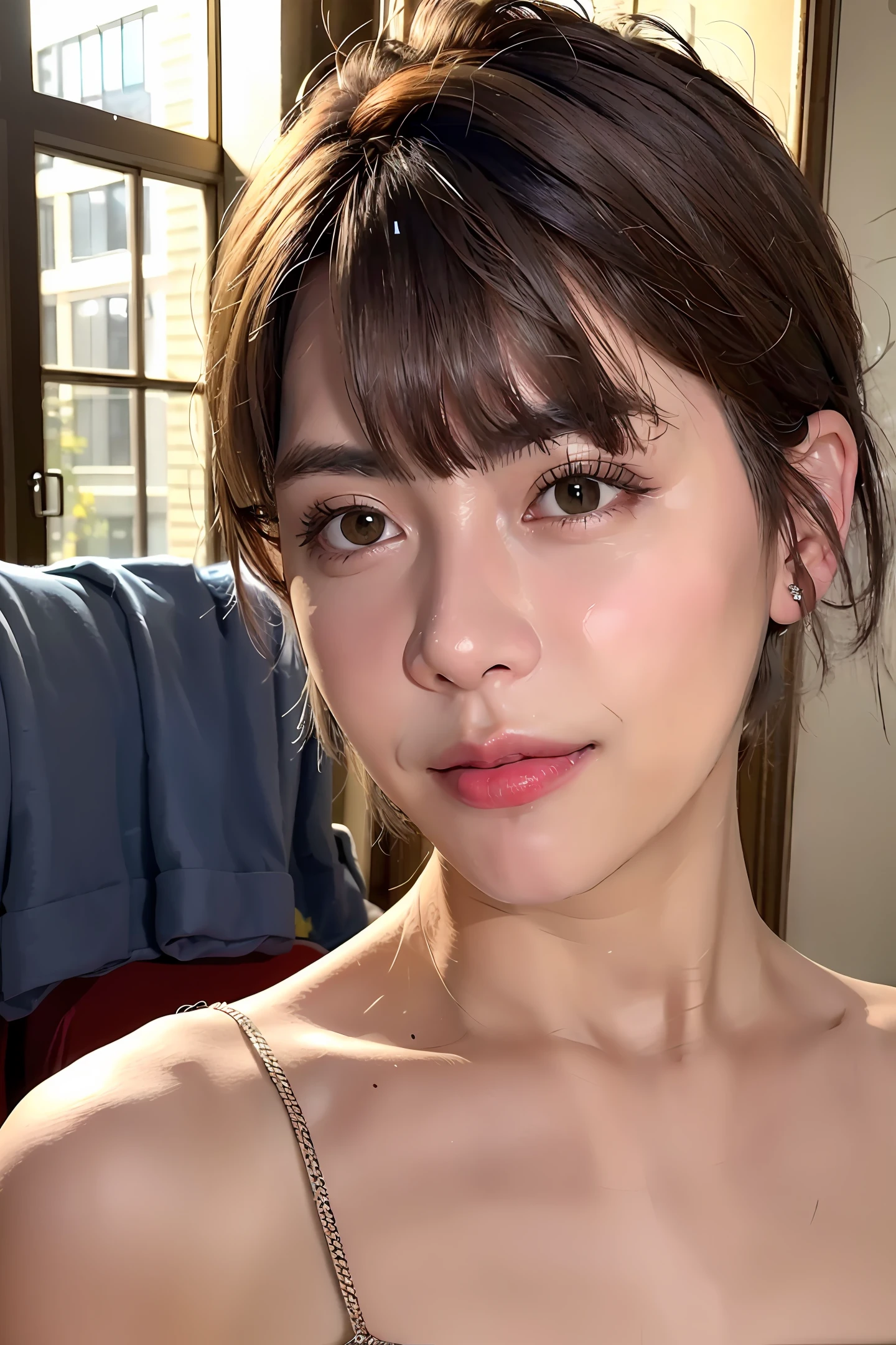 (8k, RAW photo, best quality, masterpiece:1.2), (realistic, photo-realistic:1.37), chikajkt48, ((pureerosface_v1:0.4)),1girl, selfie, brown_eyes, brown_hair, (short hair:1.6), closed_mouth, lips, long_hair, looking_at_viewer, realistic, smile, solo big booty sexy girl