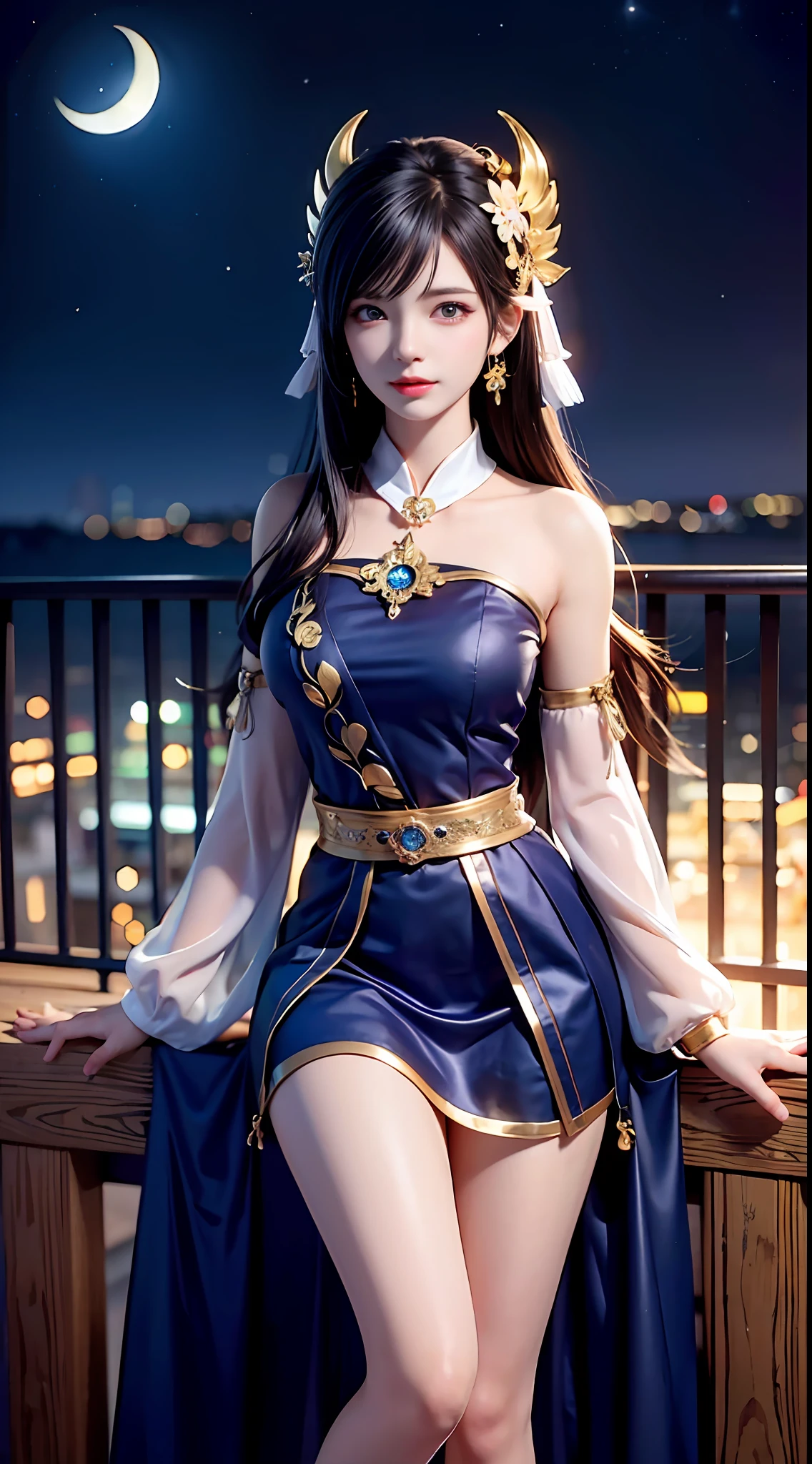 themoon， rays of moonlight， moon full， the night， Dark blue sky， violet colors， Lilac clothes， short  skirt， Blue long hair， Long hair and waist， Beautiful teenage girl， oh, God， divinity， white headgear， Sit on the railing，opening legs， Hairline， slanted bangs， shairband， hair adornments， forehead jewel， Jewel branch of Paulai， Crescent hair ornaments， fish hair ornament， God Ray， glitters， cinmatic lighting， Lens glare， hyper HD， high detal， high qulity， A high resolution， best qualtiy， 8K， 16k， high detal， high qulity， super detailing， anatomy correct， tmasterpiece， ccurate