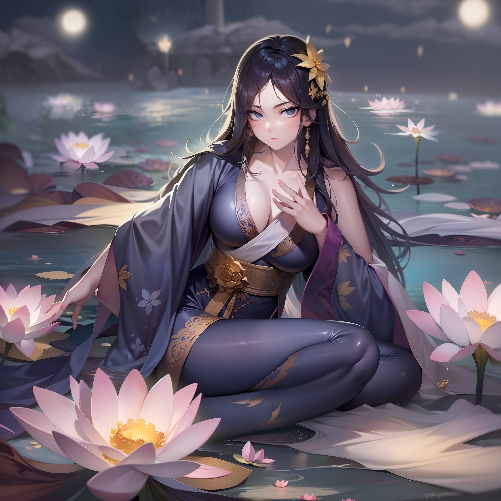 Lie on the shore of a lake full of lotus flowers,Feet playing with water,Art depicts a charming woman,2 hands,2 legs,delicated face,Normal face,Dressed in a flowing manner、Silky traditional oriental dress,Long model,Sweet potato purple,Decorated with intricate patterns and bright colors。Her dress draped elegantly over her curvy figure,Highlights her seductive silhouette。She sits gracefully by the tranquil lotus lake,Feet playing with water,bathed in the soft glow of the moonlight。The scene exudes an ethereal and dreamy atmosphere,With a touch of mystery and sexiness。The image style incorporates watercolor and digital illustration techniques,It evokes a refined beauty and charm。The lights are filled with soft moonlight,casting soft highlights and shadows on her charming features。Bare thighs,Showing big breasts,Three-dimensional facial features,sitted,your legs,Side braids,Overlooking