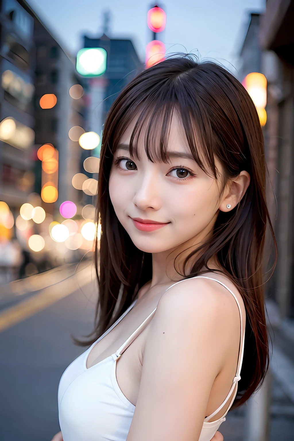 女の子1人、Tokyo Street、natta、A city scape、city light、The upper part of the body、a closeup、a smile、8k、RAW Photography、top-quality、​masterpiece、realisitic、photoRealstic
