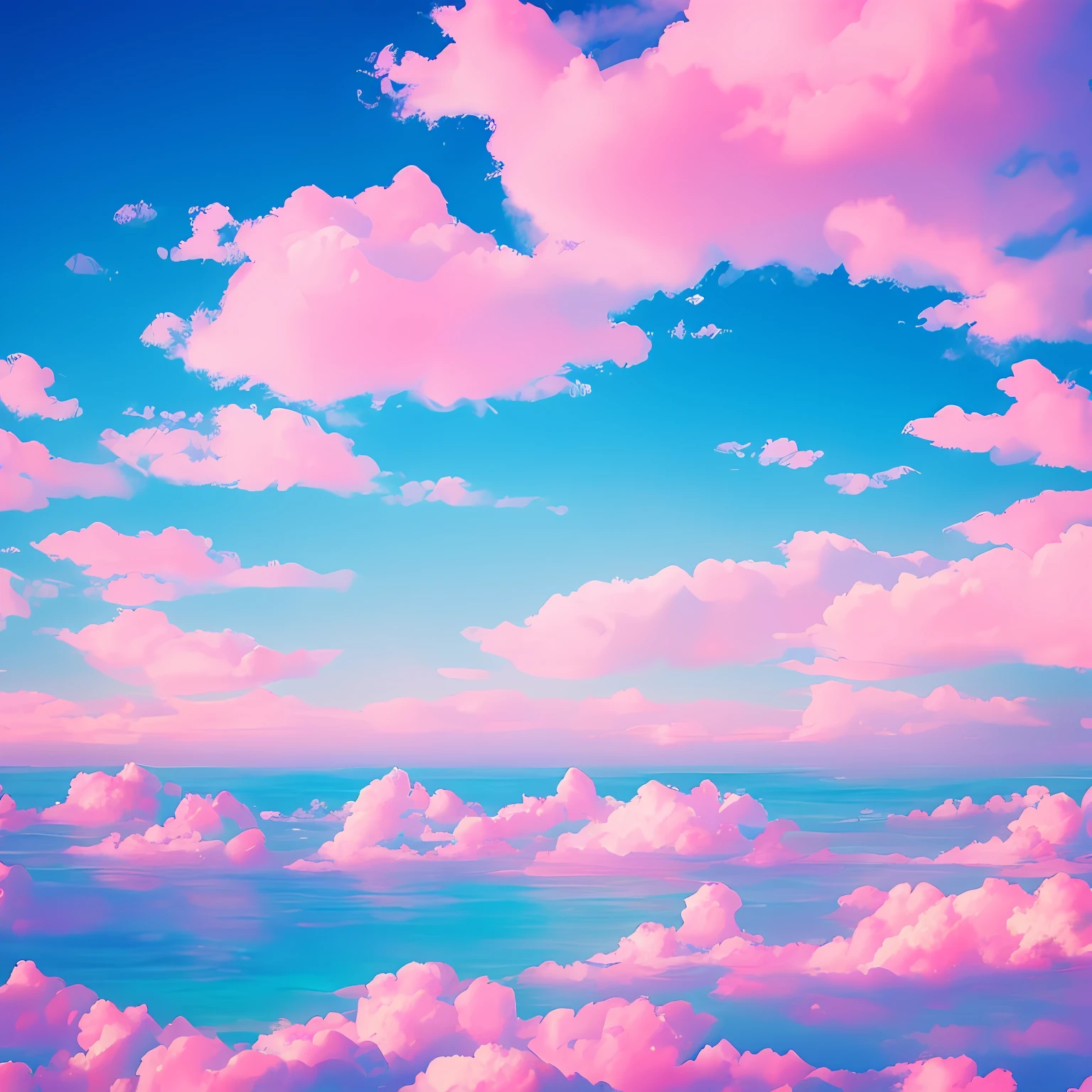 A world of romantic pink，Fairyland-like clouds，Clear ocean and stretches of sandy beaches，vaporwave art、Fantasy style，Pink clouds --auto