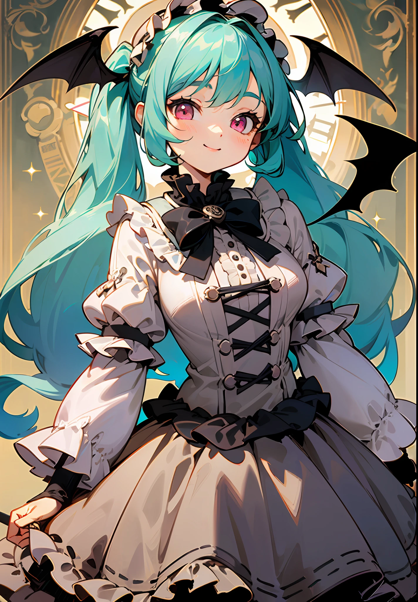 ((Dynamic Angle)), ((loli)), (child), (canny smile), (turquoise hair), (ponytails), (pink eyes), (bat wings on head), (ghotic dress), (Lolita dress), (vintage dress), (black dress), (frill), (beige frill), (bows), (vertical stripes), (((sculls))), ((clock face on background)), (libroury)
