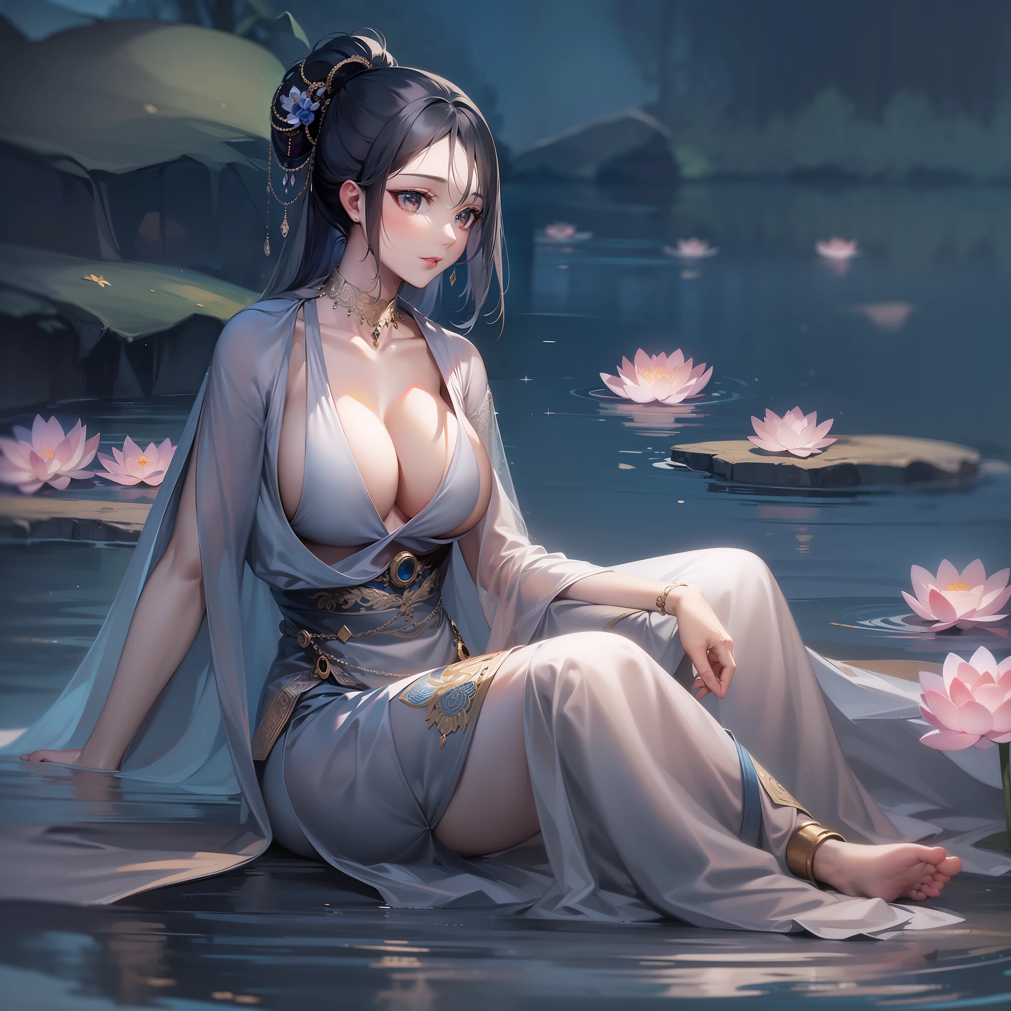 Lying on the shore of a lake full of lotus flowers, feet playing in the water, art depicts a charming woman with 2 hands, 2 legs, delicate face, normal face, wearing a flowing, silky traditional oriental dress, long, taro purple, decorated with intricate patterns and bright colors. Her dress drapes elegantly over her curvy figure, accentuating her seductive silhouette. She sits gracefully by the tranquil lotus lake, her feet playing in the water, bathed in the soft glow of the moonlight. The scene exudes an ethereal and dreamy atmosphere, with a touch of mystery and sexiness. The graphic style blends watercolor and digital illustration techniques to evoke a refined beauty and charm. The lights are filled with soft moonlight, casting soft highlights and shadows on her charming features. Bare thighs, big breasts, three-dimensional facial features, sitting, upturned legs, side braids, looking down