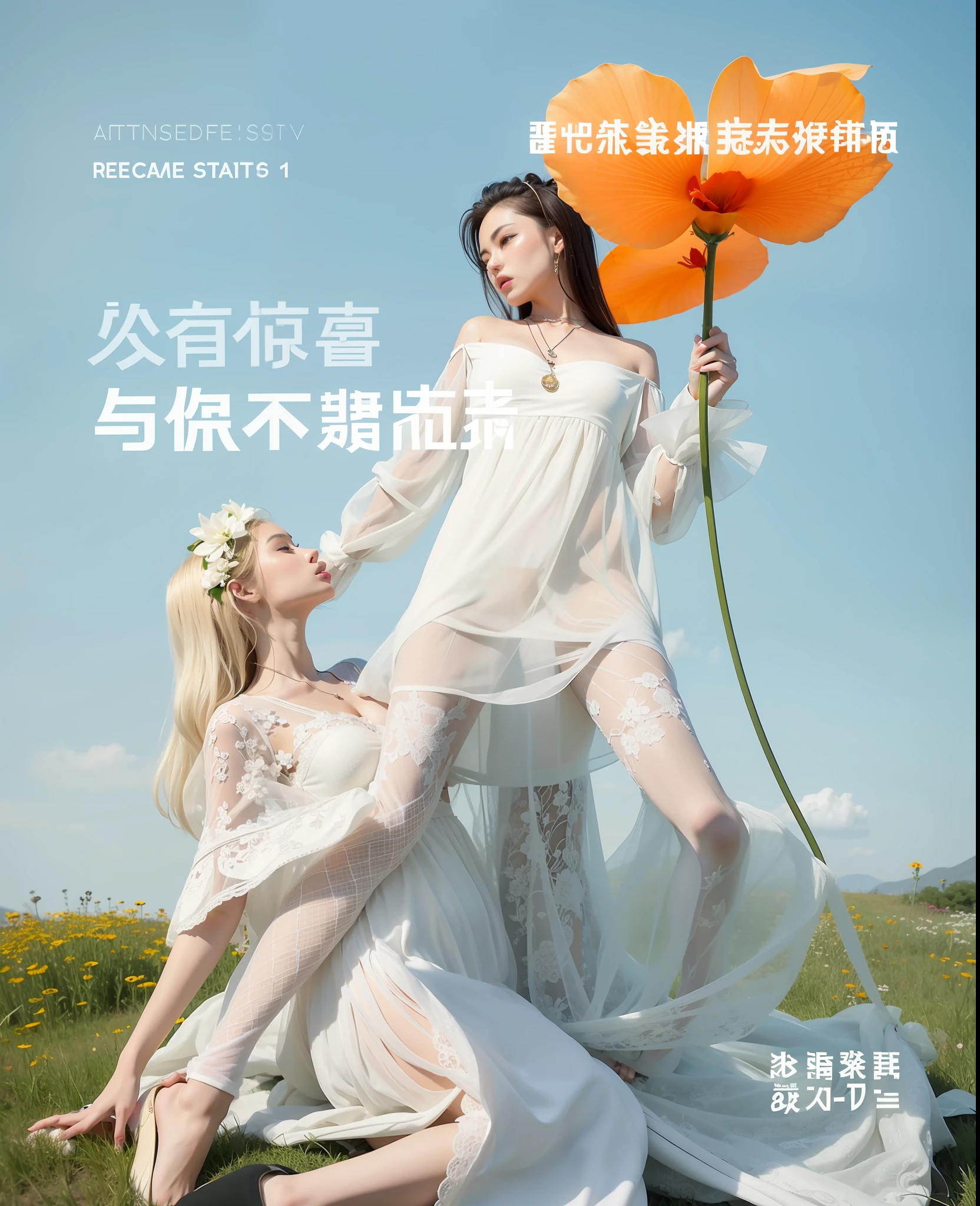 There is a poster，Above are two women in white dresses and a flower, cover, Artistic cover, xianxia fantasy, A masterpiece of art,  trending on cgstation，No words，best quality --ar 9:16 --IW 2