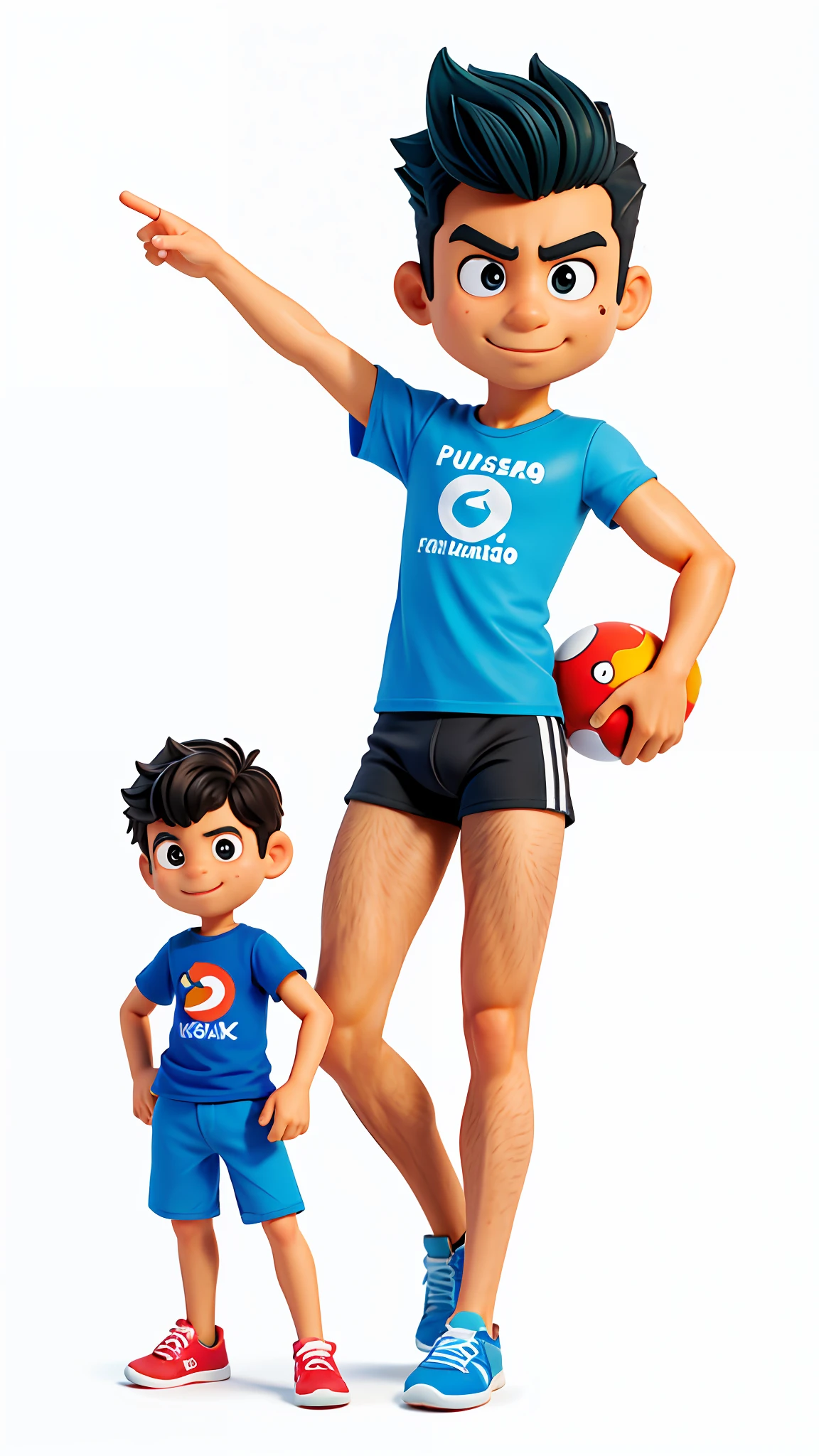 3DCHARACTER, 1Personagem, um personal trainer masculino bonito pequeno, 45 anos de idade, huge head, cabelo curto, rosto oval, sorrir, encaixar, alto, relogio no pulso, cabelo preto, wearing blue T-shirt and dark black shorts and black running shoes, figuras de brinquedo, melhor qualidade, desenhos animados 3d, whole body view, fantasia, sonho, surrealismo, super bonito, trending in the artstation, (((fundo branco: 1.1))), (corpo inteiro: 1.2), fundo simples, obra-prima, melhor qualidade, (fundo de gradiente vermelho claro: 1.1)