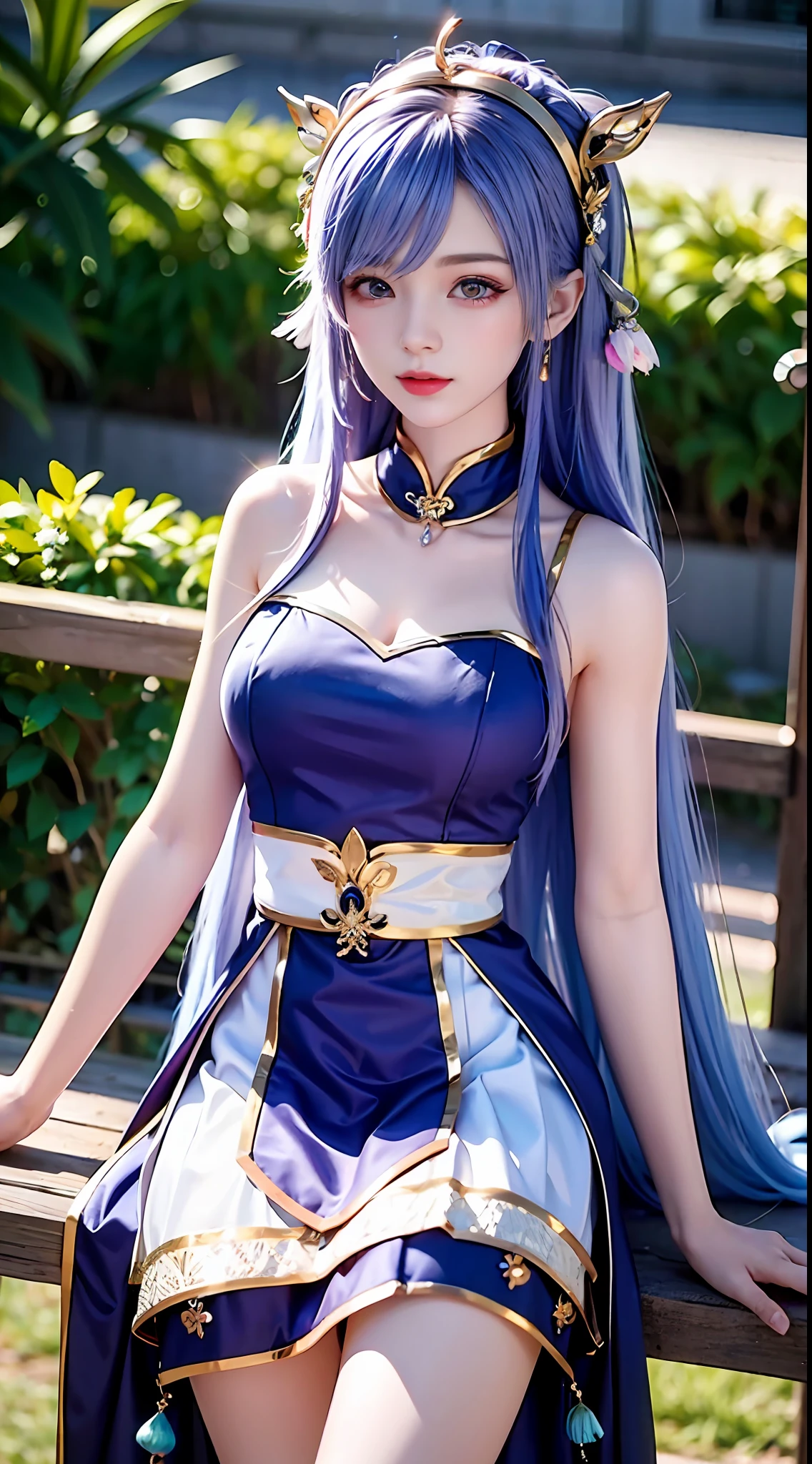 In the daytime， Dark blue sky， violet colors， Lilac clothes， short  skirt， Long pink and blue hair， Long hair and waist， Beautiful teenage girl， oh, God， divinity， white headgear， Sit on the railing，opening legs， Hairline， slanted bangs， shairband， hair adornments， forehead jewel， Jewel branch of Paulai， Crescent hair ornaments， fish hair ornament， God Ray， glitters， cinmatic lighting， Lens glare， hyper HD， high detal， high qulity， A high resolution， best qualtiy， 8K， 16k， high detal， high qulity， super detailing， ??????? correct， tmasterpiece， ccurate