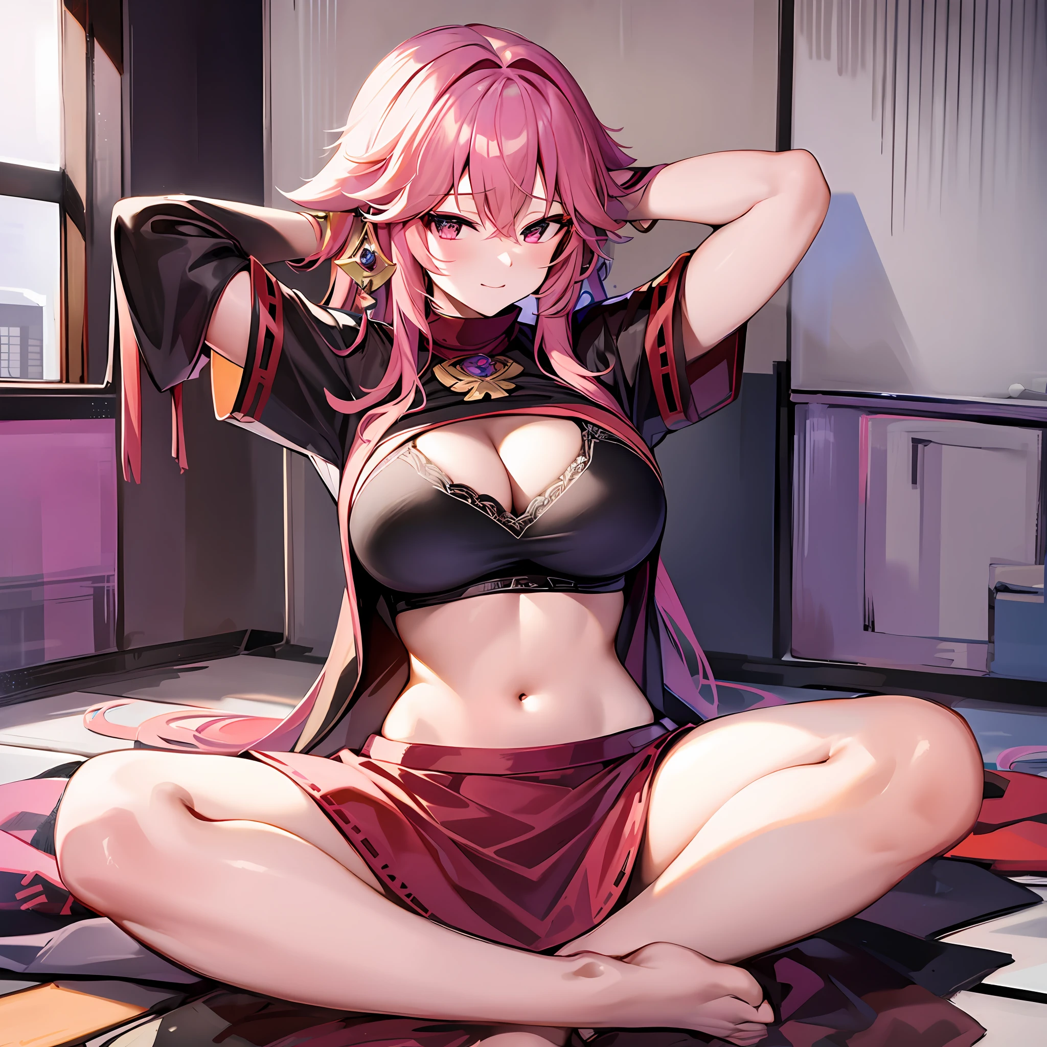 1Yae miko, large breasts,clothes in mouth, cleavage, navel, t-shirt, ((bra)),clothes lift, shirt in mouth, skirt, lying, full Body,sexy body,sitting