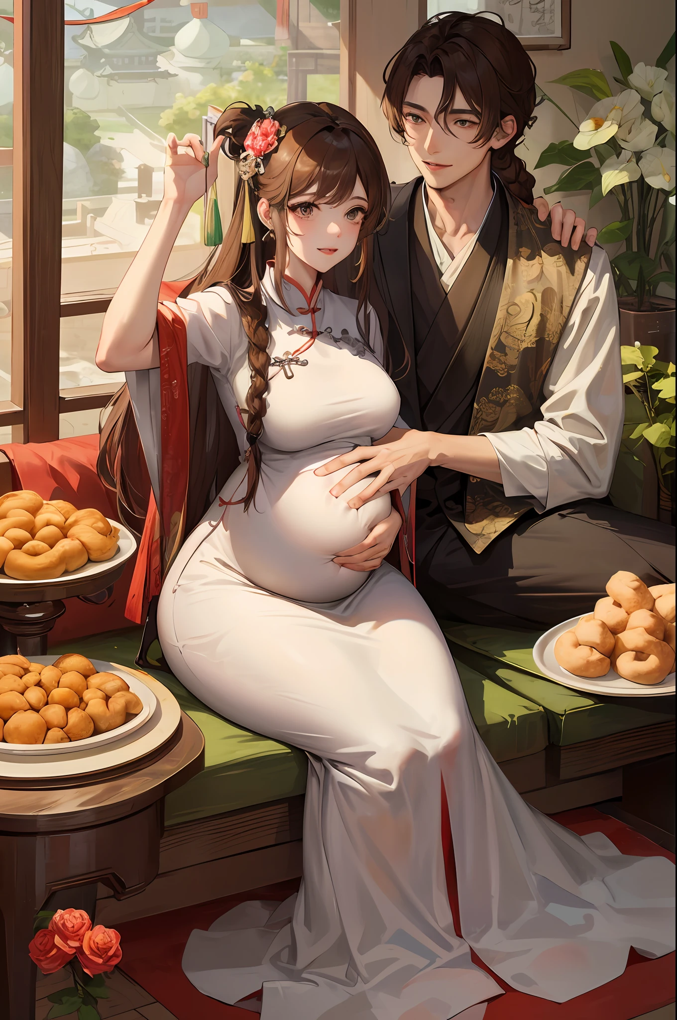 Masterpiece, Best quality, 1 The male protagonist lies on the pregnant belly of his wife Mature woman, Chinese style, Ancient China, Sister, Smile, Brown hair, Princess cut, Single strip of fried dough twisted braid