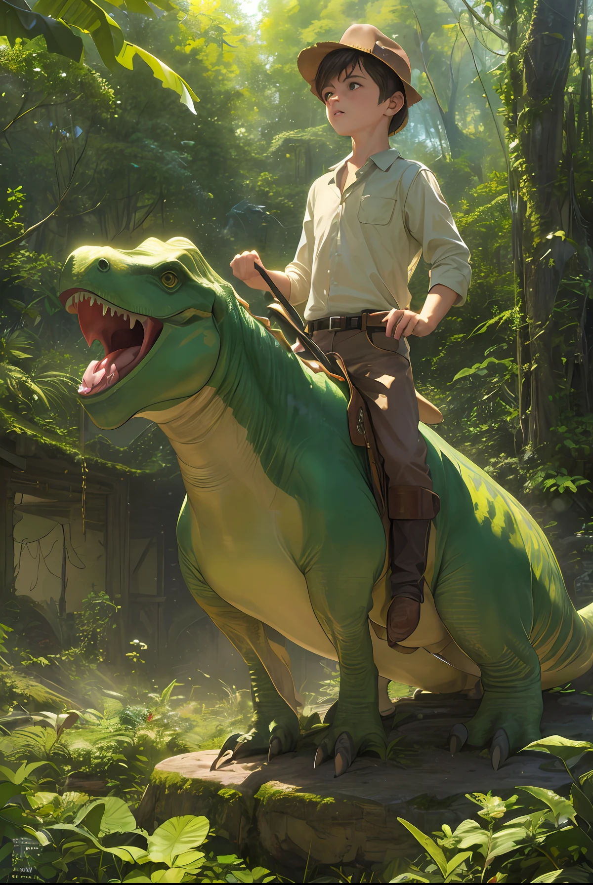 a boy riding a dinosaur \((masterpiece, best quality:1.2), Yellow and green jungle dinosaur tricerasauruss(realistic:1.5)\), best quality, masterpiece,8k,highest texture,highres,soft light,perfect shadow, 1boy, (((archeologist))), 8 , male kid, riding dinosour, ultrarealistic, cowboy short