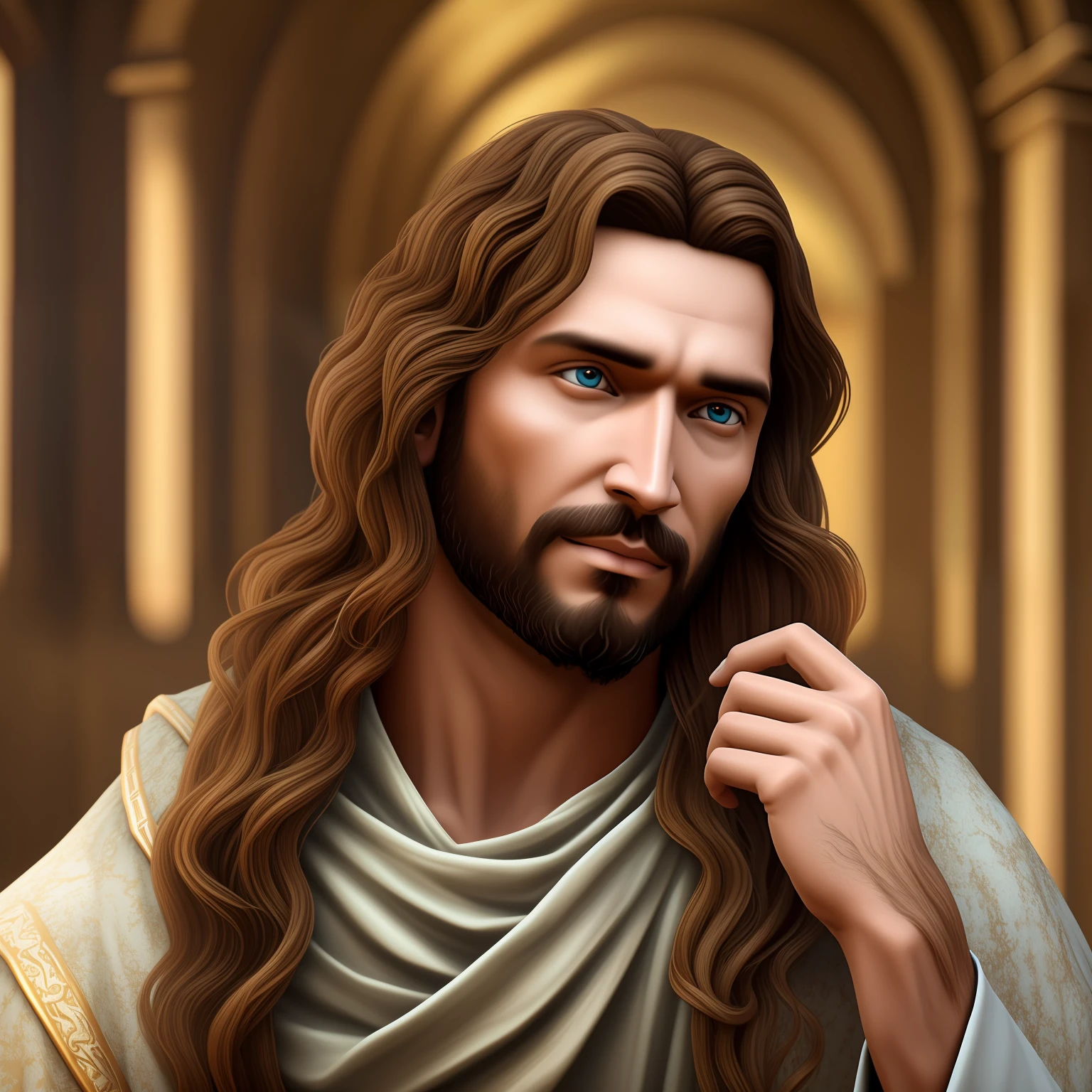 jesus com fundo brilhante, jesus com cabelos longos e olhos azuis, roupas brancas e longas, jesus cristo, muito bonito, jesus alegre, foto realista, muito realista, unreal engine, apenas jesus, centralizado