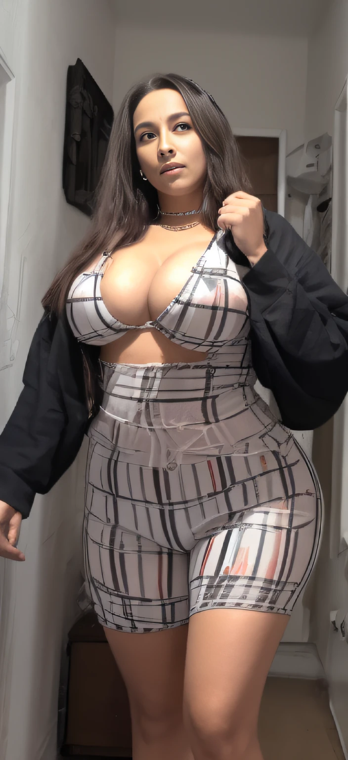 a close up of a baby standing on a rug in a room, thick neck, sie boob, thicc, she has a jiggly fat round belly, body swelling about to explode, revealing clothes, cleavage, she is facing the camera, realistic footage, with a large breasts, intriguing outfit, cursed image, side boob, busty, big breasts, nay