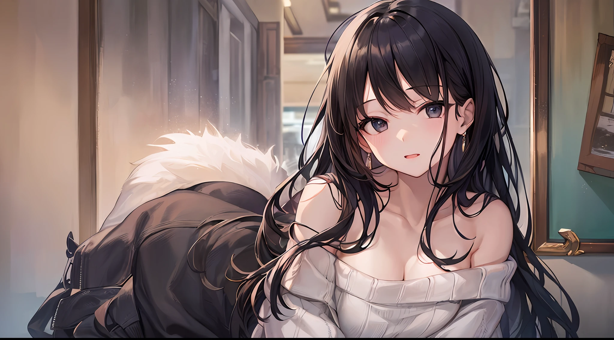 (((Chest opening off-shoulder sweater))) 、 Long black hair with slightly wavy hair、Black eyes、Superlative quality、((Top-notch image quality))、Neat and clean girls、beautiful a girl、Erotic expression、whole body visible、Dainty girl、(((Poses)))、