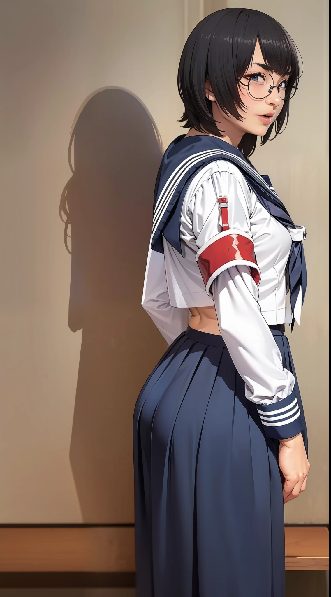 Suzuka, atarashii gakko, black hair, short straight hair, glasses, seifuku sailor school uniform, small breasts, white top, blue skirt, long skirt, socks, and shoes, Wallpaper, Standing straight, luscious lips, sexy gaze, thong pantyline view, view from behind, erotic posing, sexy pose, tight long skirt,