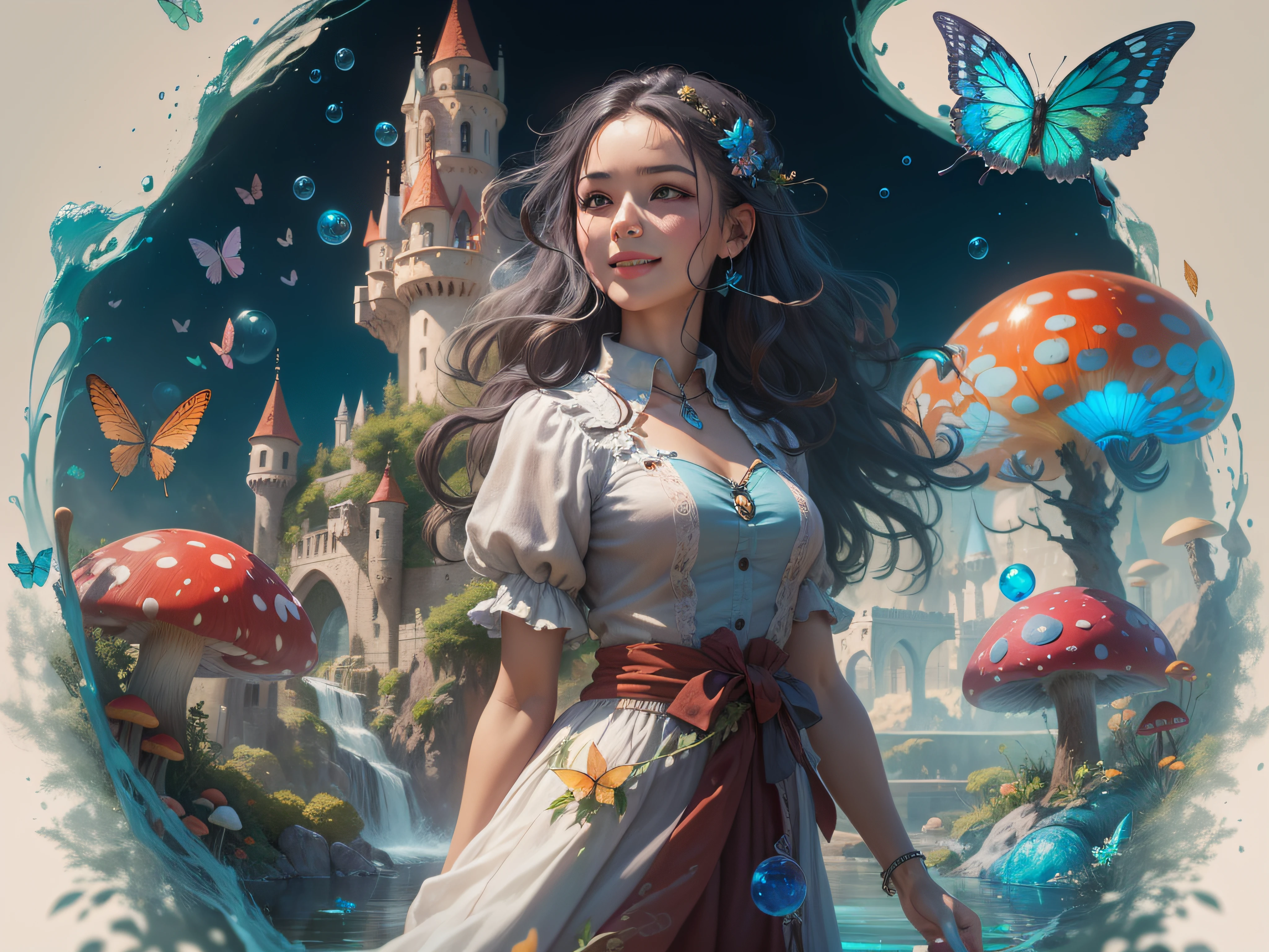 a beautiful girl in a linen dress full of multiple colors where the water reaches her waist in a lagoon of an intrinsic landscape full of fantasy with colored bubbles and blue butterflies, many flowers (small magic trees and red mushrooms), in the background a castle, fantasy, unreal, magic, edge details, harmony in light, anime, fantasy trees many colors, perfect shadows, focused, full body, smile, joy ria, parpable details, hdr, 16k rendering, by arstation, octane, by jose sanchez, sharp focus, emitting diodes, smoke, artillery, sparks, racks, system unit, motherboard, by pascal blanche rutkowski repin artstation hyperrealism painting concept art of detailed character design matte painting, 8 k